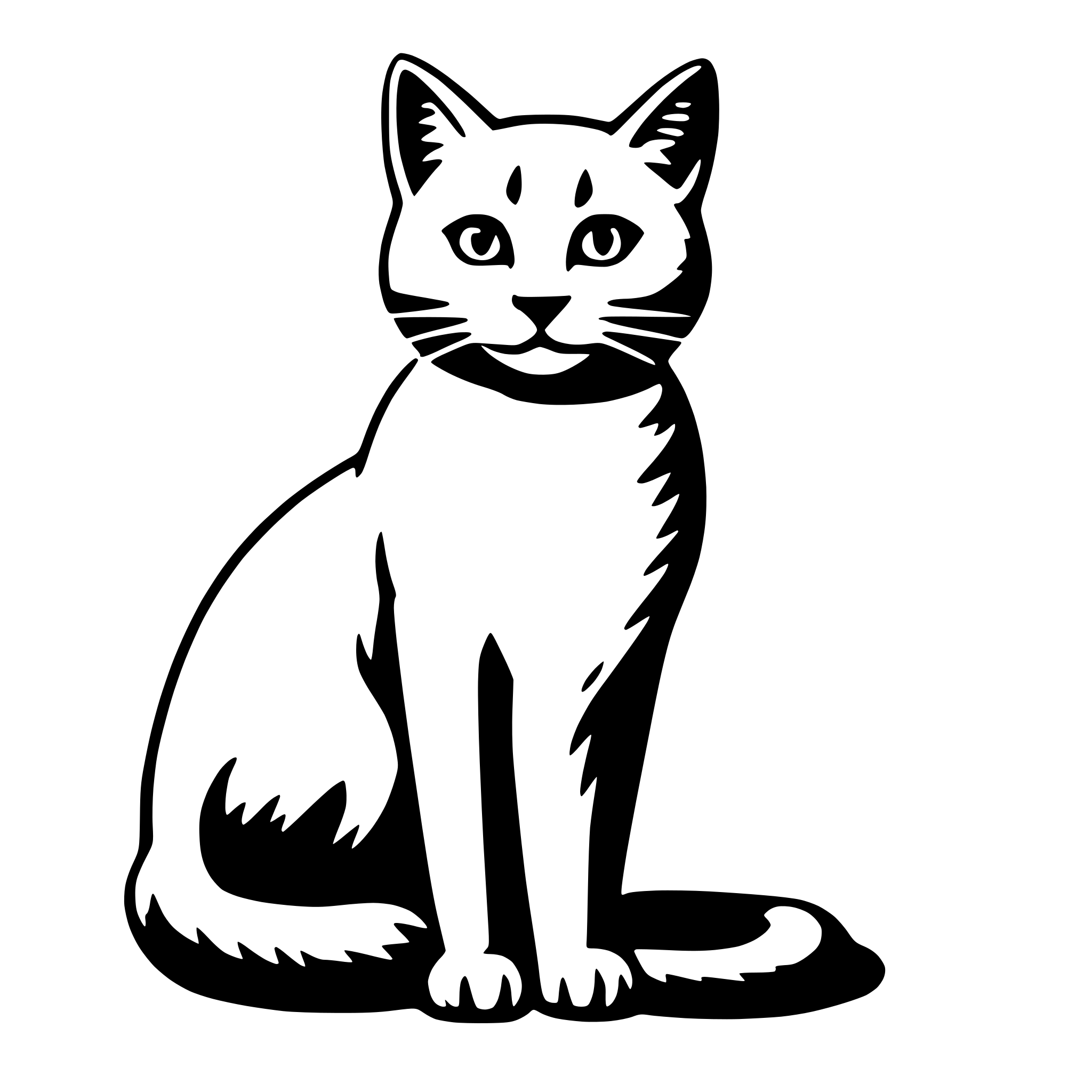 The SVG shows a stylized black and white illustration of a cat. The cat is depicted in a sitting position with its front paws extended forward and its tail curled around its body. The cat's head is turned slightly to the left, and it has a neutral expression. The illustration is simple and uses solid black lines against a white background to define the cat's shape and features. There is no interaction between objects in this SVG as it is a single, static depiction of a cat. 