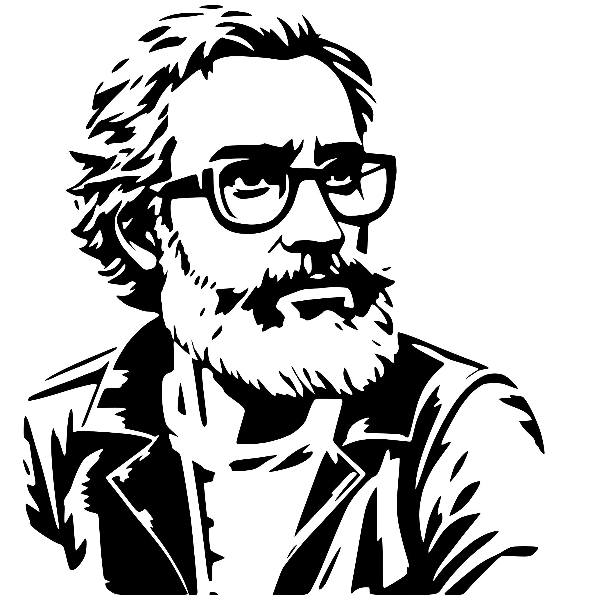 AI-generated SVG of a a full-bodied imagen of a dishevelled middle-aged man with black glasses and a beard
