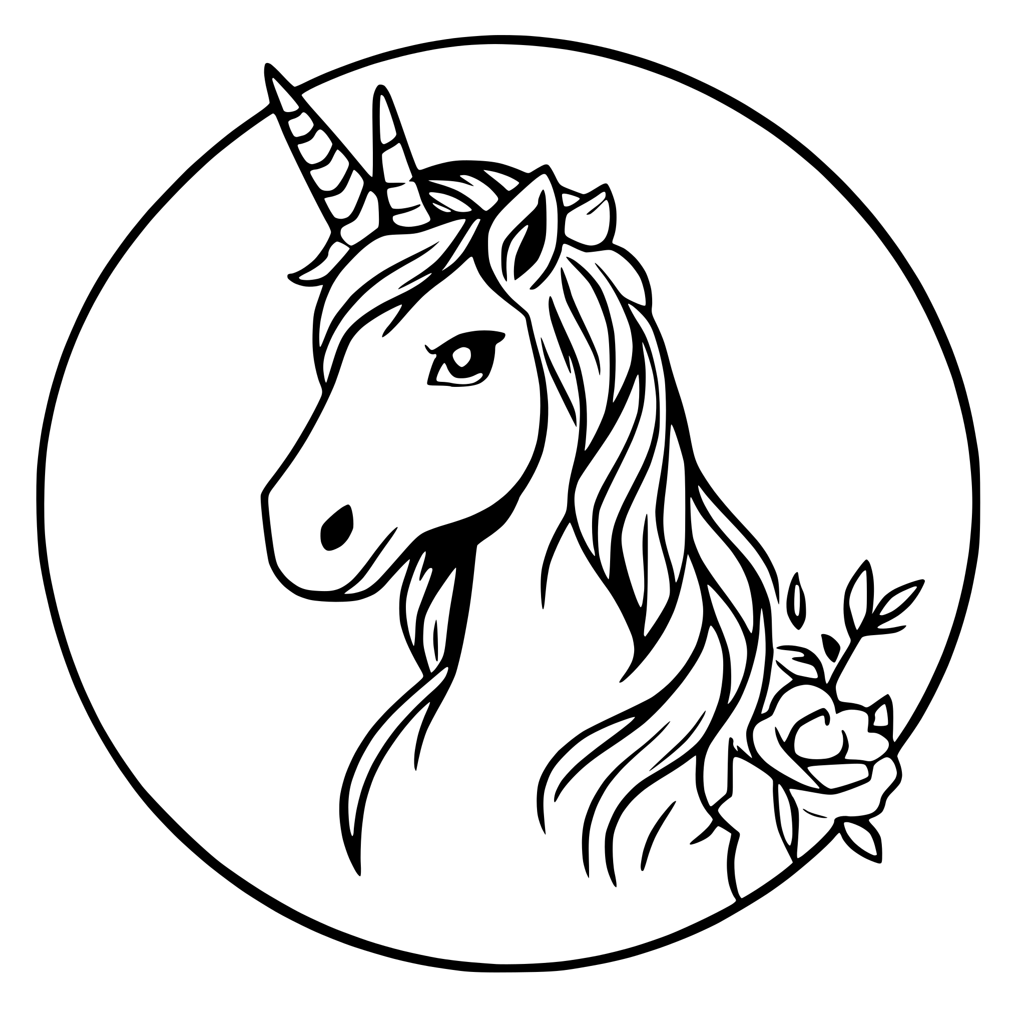 AI-generated SVG of a Beautiful detailed unicorn with flowers round design