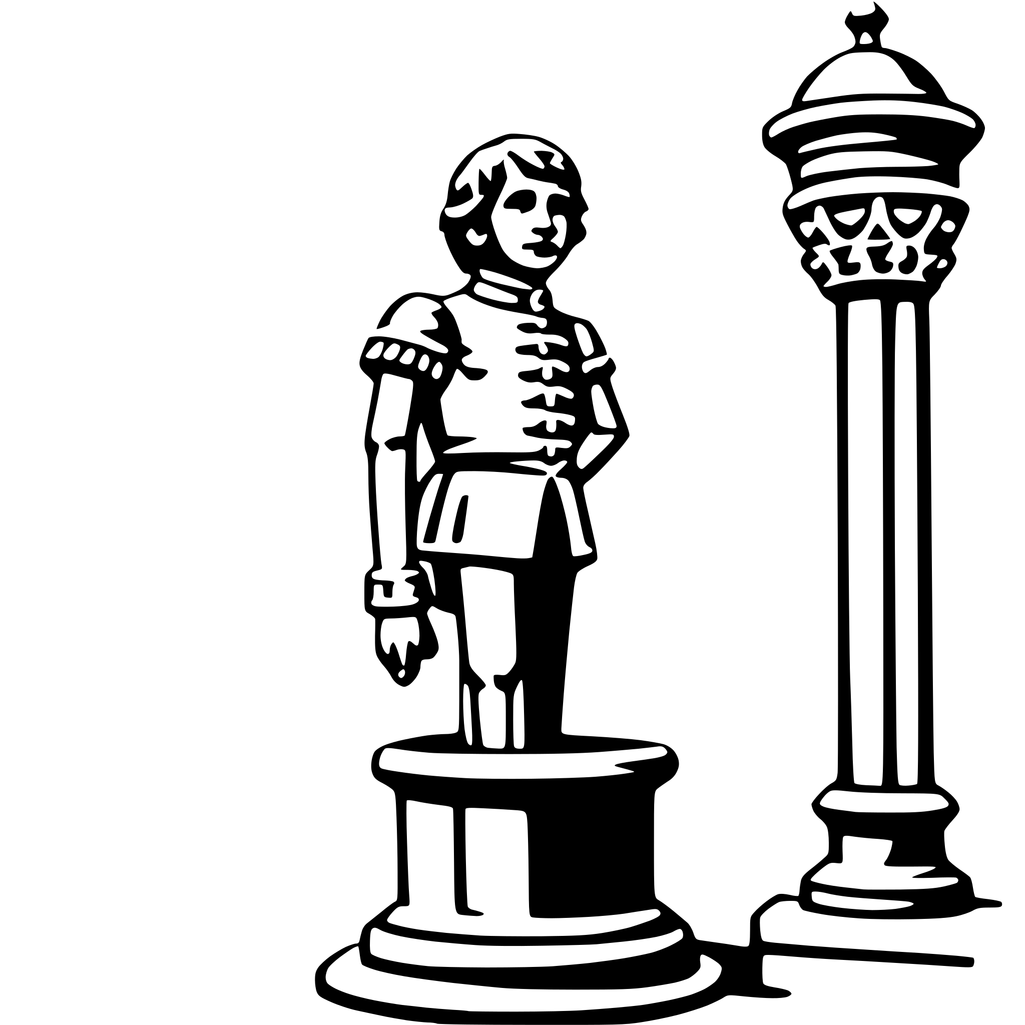 The SVG features a black and white line drawing of a young boy standing on a pedestal. The boy is depicted with short hair, wearing a short-sleeved shirt with a collar and a skirt, suggesting a historical or fantasy-inspired attire. He has one hand on his hip and the other resting on his thigh. To the right of the boy is a tall, slender column with a decorative top, which could be interpreted as a lamppost or a monumental base. The boy and the column are the main objects in the SVG, and there is no interaction between them; they are simply placed side by side. 
