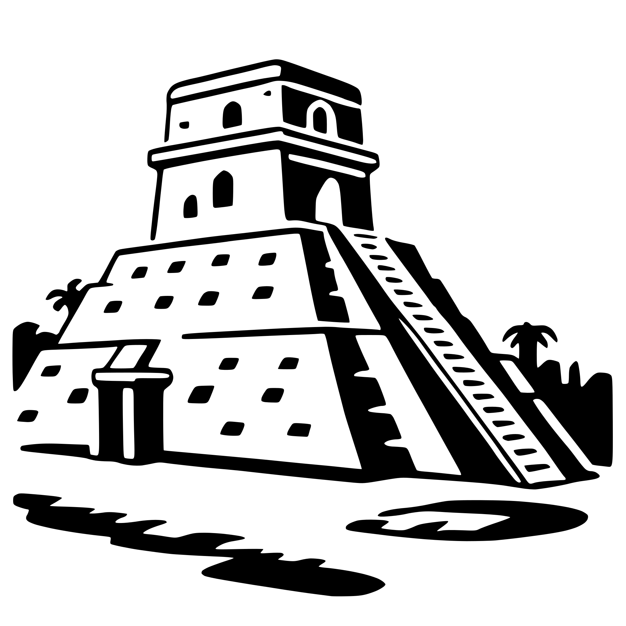 The SVG depicts a stylized representation of the Pyramid of the Sun at the ancient Mesoamerican site of Teotihuacan. The pyramid is shown with a flat top, and there are two smaller structures on either side, which are likely to be representations of the smaller pyramids that flank the main pyramid in the actual site. The pyramid is surrounded by a simple outline of a landscape, including a few trees and a small body of water, suggesting a basic depiction of the surrounding environment. The SVG is a vector graphic, which means it is composed of lines and shapes that can be scaled without losing quality. 