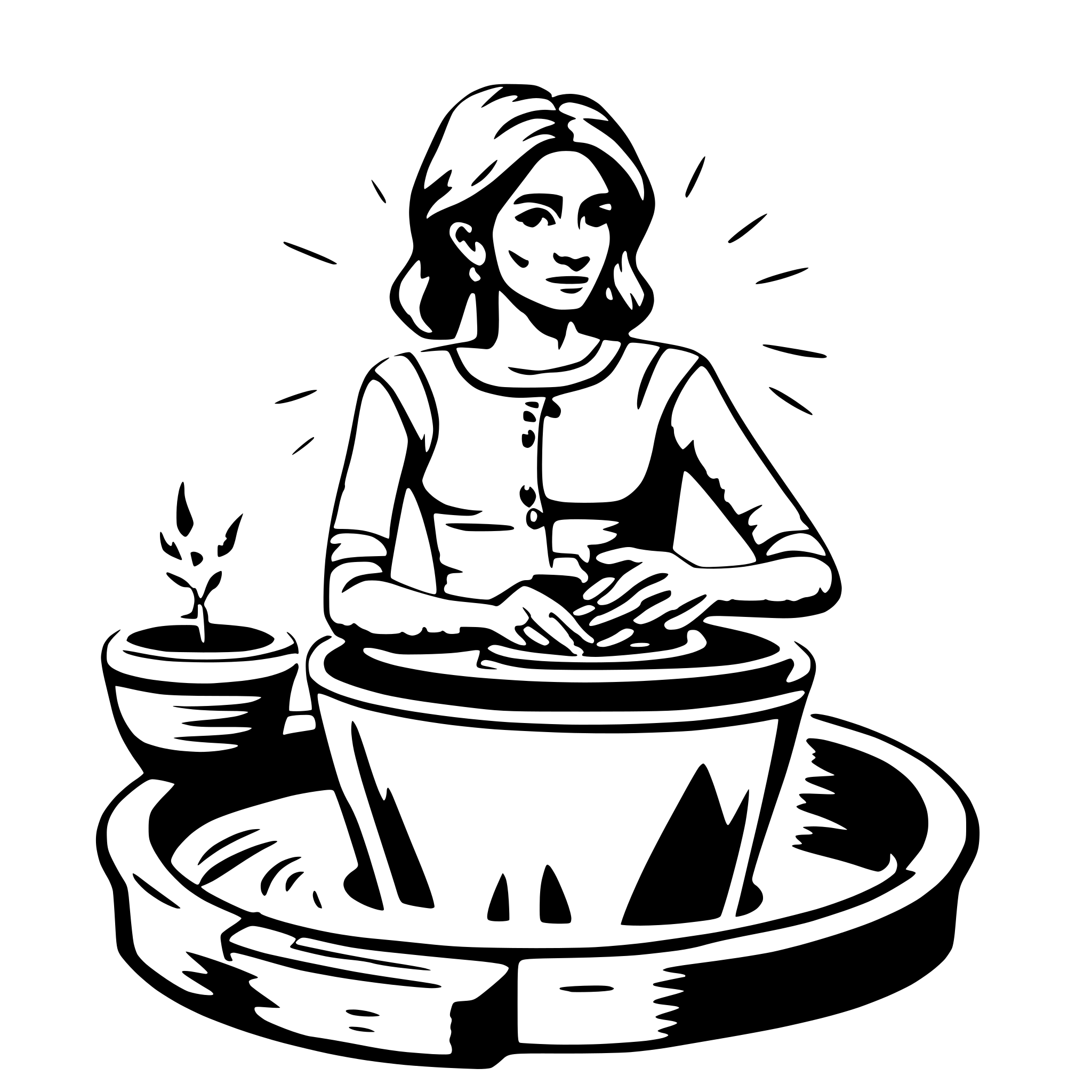 AI-generated SVG of a Generate a clean SVG vector illustration of a Trypillian woman potter shaping a clay pot on a wheel, surrounded by spiral and sun symbols. Black lines only, no fills, stroke width 2px, high resolution, suitable for coloring book, A4 portrait