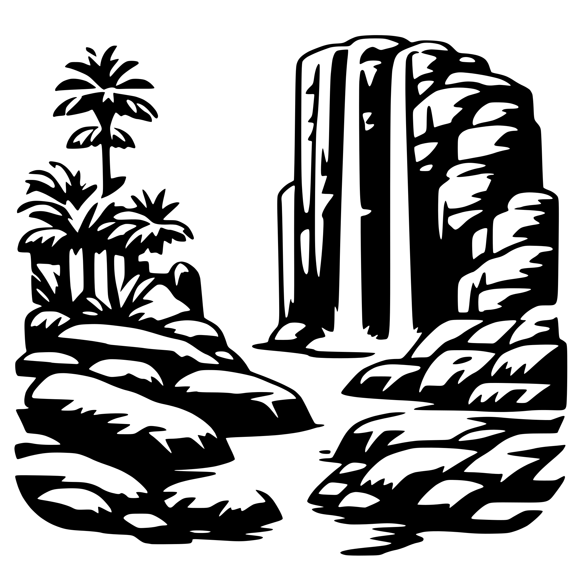 The SVG depicts a stylized landscape scene. On the left side, there is a palm tree with a tall trunk and a cluster of leaves at the top. The tree is situated on a rocky outcrop with a few scattered rocks. On the right side, there is a large, jagged rock formation with multiple layers and crevices, suggesting a rugged and possibly eroded landscape. The two elements are separated by a body of water, which is represented by a simple, wavy line. The overall style is simplistic and graphic, with no gradients or shading, relying on solid black lines and white spaces to define the shapes and textures. 