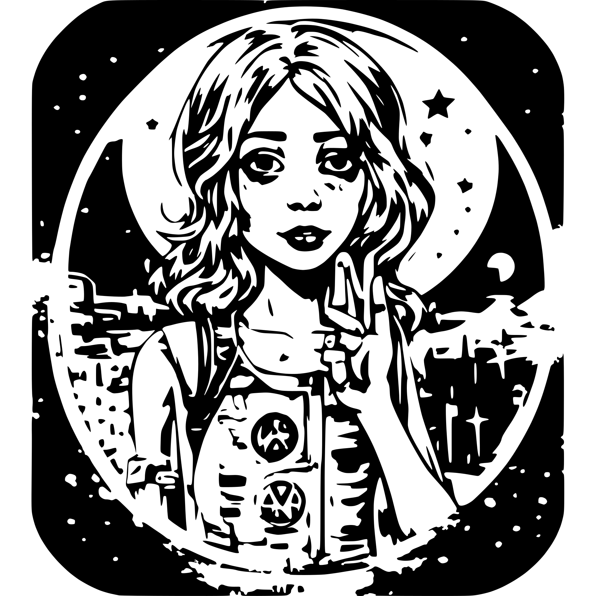 AI-generated SVG of a Cute zombie girl wearing a tank top showing peace sign with her hand. Picture encircled in a circle making it look like a coin with stars and moon in the background.