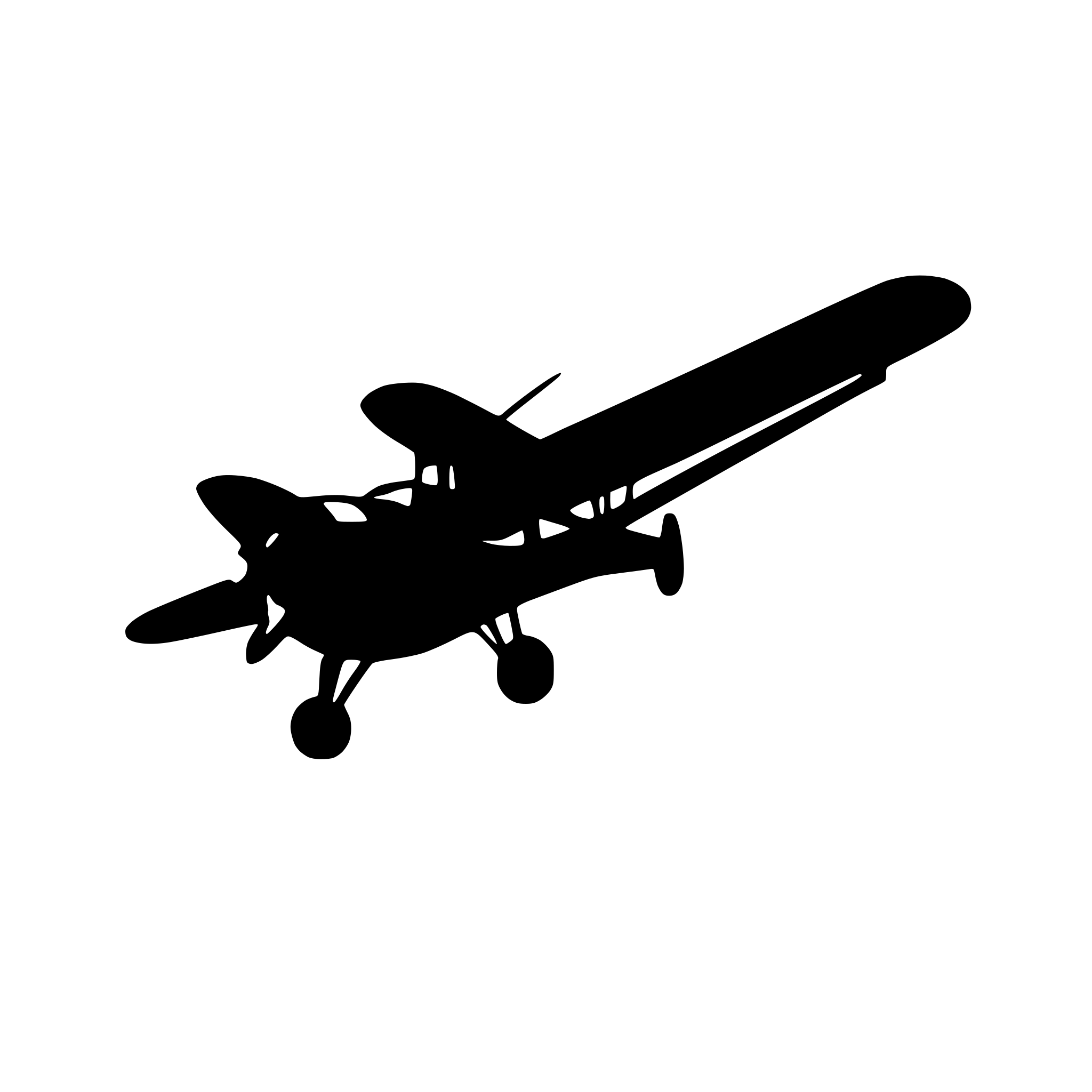 AI-generated SVG of '"A solid black silhouette of a vintage propeller plane flying upwards at a 45-degree angle. Style: vector, silhouette, black fill, transparent background.'