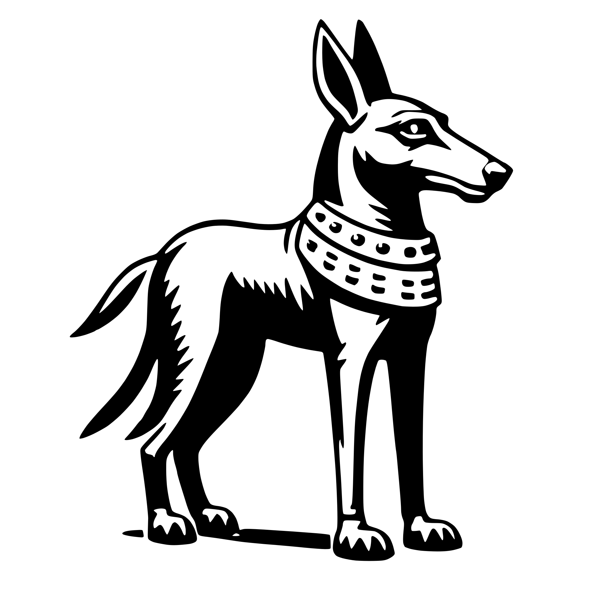 The SVG depicts a stylized black and white illustration of a dog. The dog is standing on all fours, facing the viewer directly. It has a collar with a patterned design around its neck. The dog's ears are pointed upwards, and its tail is curled upwards. The illustration is simple and lacks any additional details or background elements. The dog is the central focus of the SVG. 