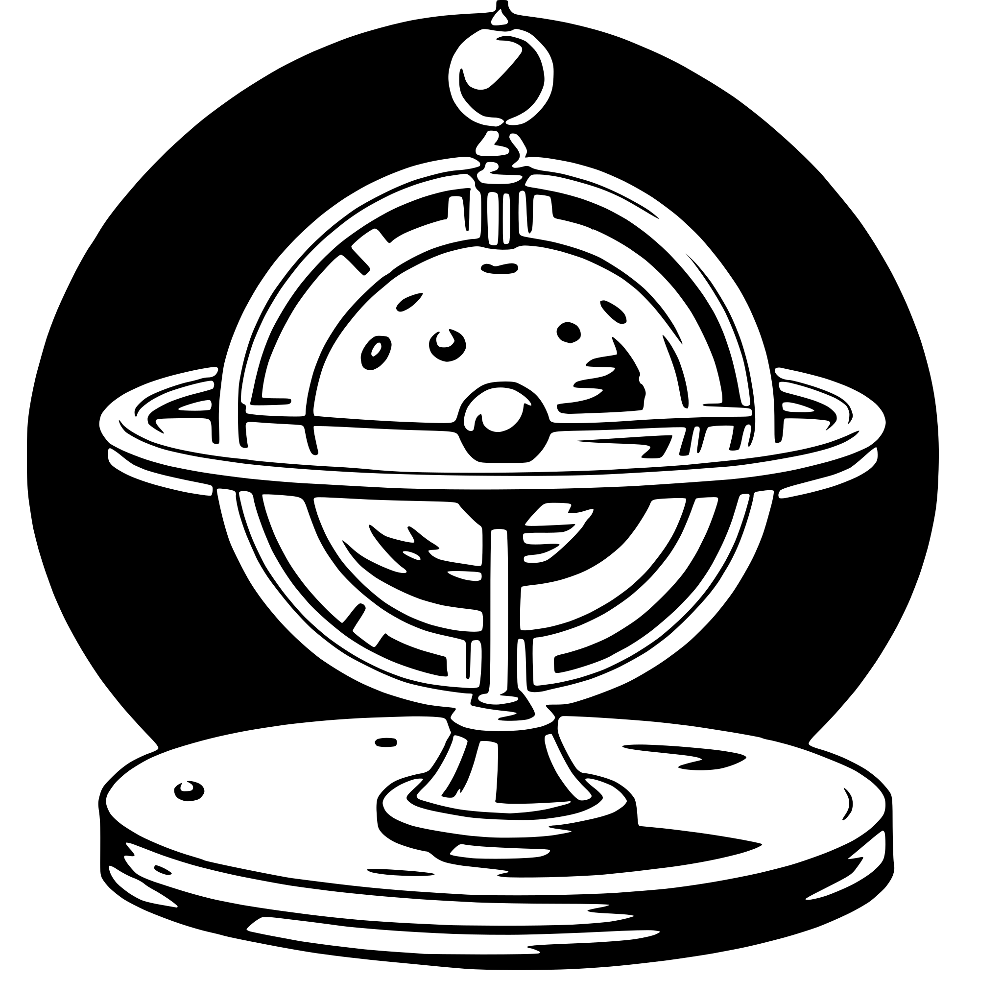 The SVG depicts a classic astronomical instrument, commonly known as a celestial globe or planetarium. It features a spherical representation of the Earth, with a central stand and a meridian ring that allows for the rotation of the globe. The globe is marked with latitude and longitude lines, and there are visible representations of the continents and oceans. The celestial globe is set against a dark background, which contrasts with the lighter color of the globe itself. The design is simple and schematic, with no additional details or embellishments. 