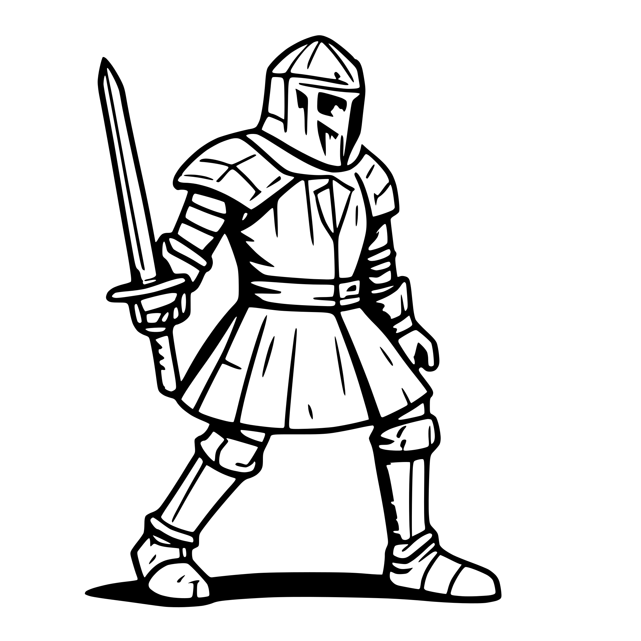 AI-generated SVG of a Old medieval knight surprised with shocked face and jumping like he just scared himself. Line art.