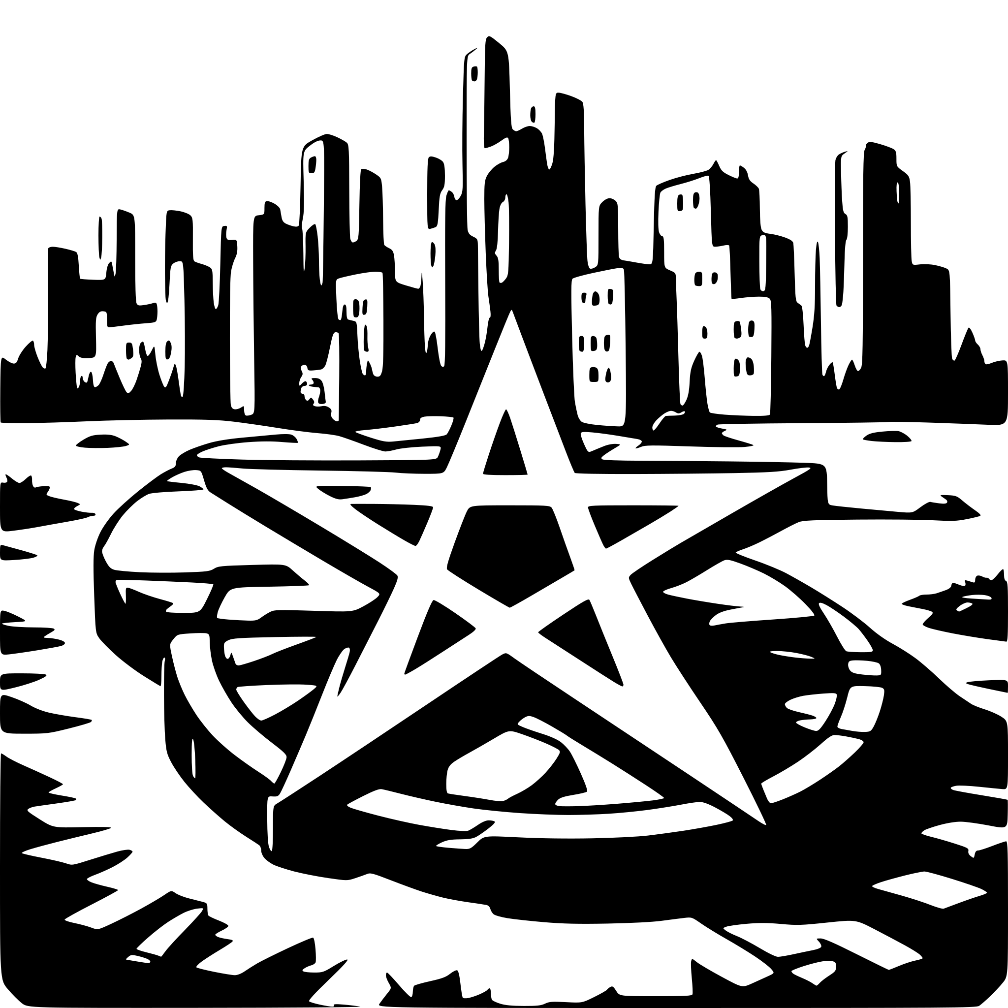 AI-generated SVG of 'Reverse pentagram in ruined mehalitic city'