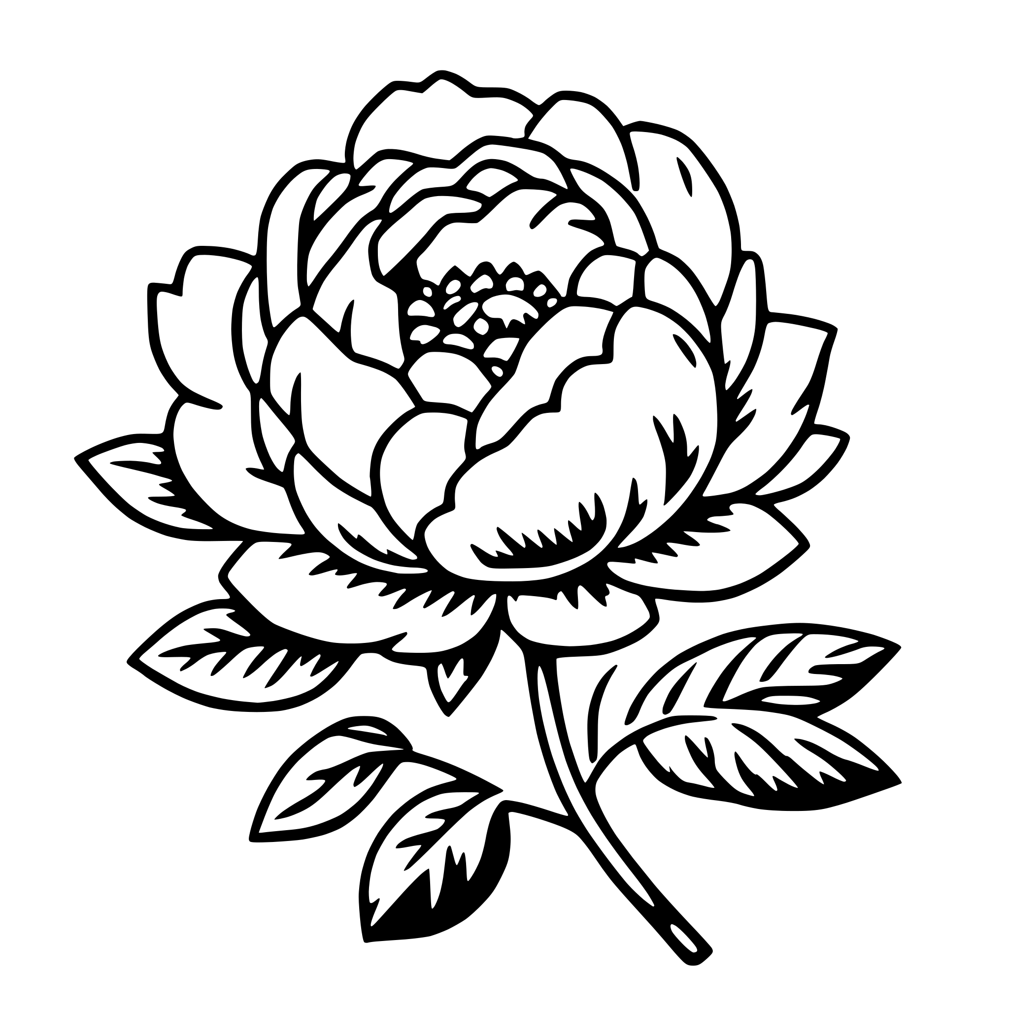 The SVG depicts a stylized black and white illustration of a flower. The flower has a prominent central disc with a pattern that could be interpreted as the stamen and pistil, surrounded by a series of petals that are arranged in a symmetrical pattern. The petals are detailed with shading to give a sense of depth and texture. Below the petals, there are two leaves with a serrated edge, which are attached to a thin stem. The leaves are also detailed with shading to suggest their veins and the way they are attached to the stem. The overall style is simple and elegant, with a clear focus on the flower and its immediate surroundings. 