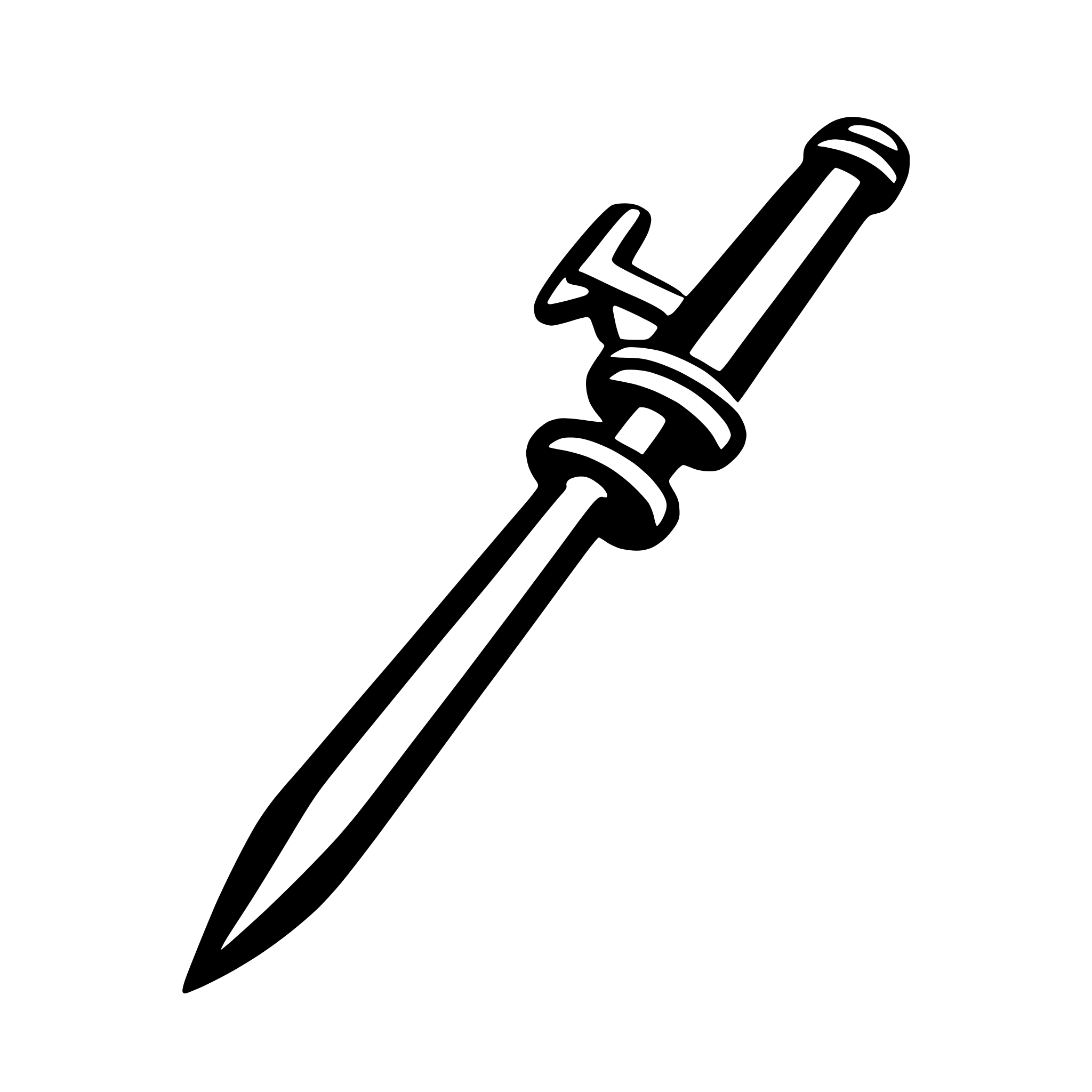 The SVG shows a simple line drawing of a sword. The sword has a straight blade and a curved handle with a circular grip. The blade is pointed at the top, and the handle is attached to the blade with a loop. The sword is depicted in a stylized manner with no additional details or embellishments. 