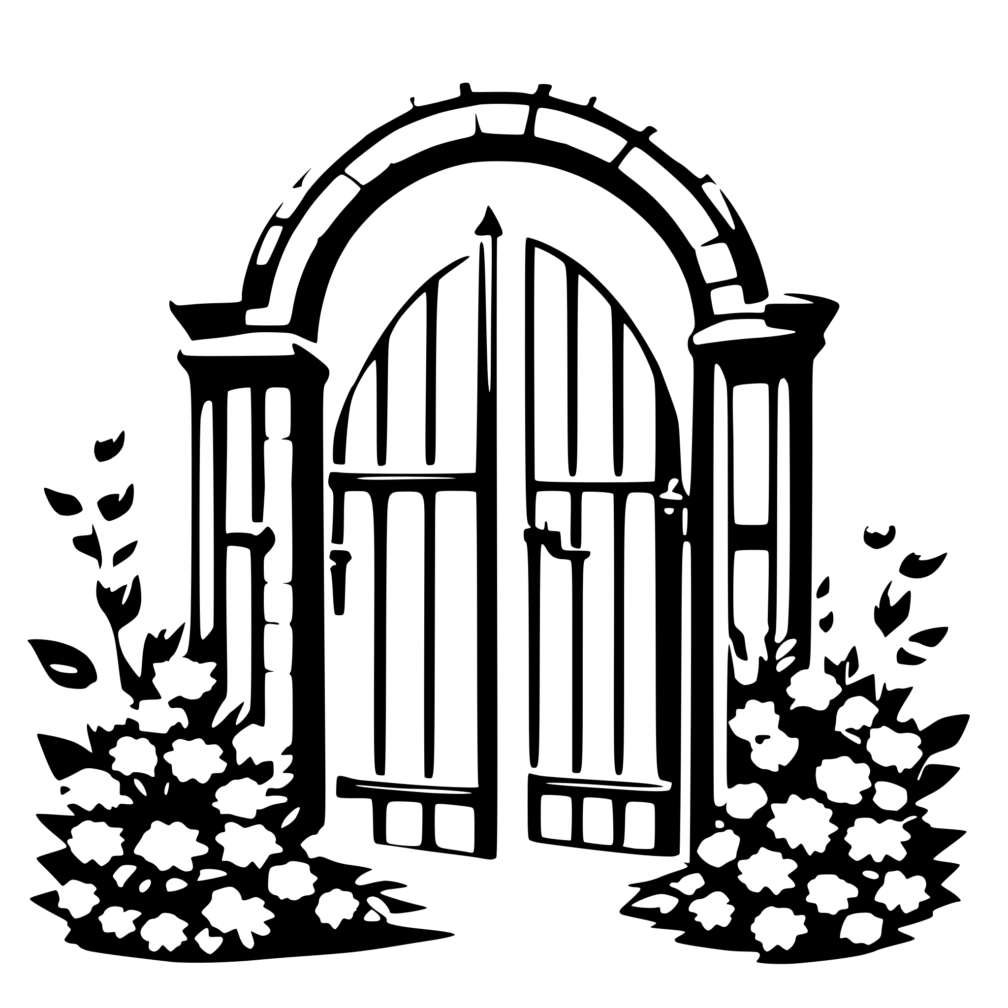 AI-generated SVG of a a romantic gate with flower wreaths