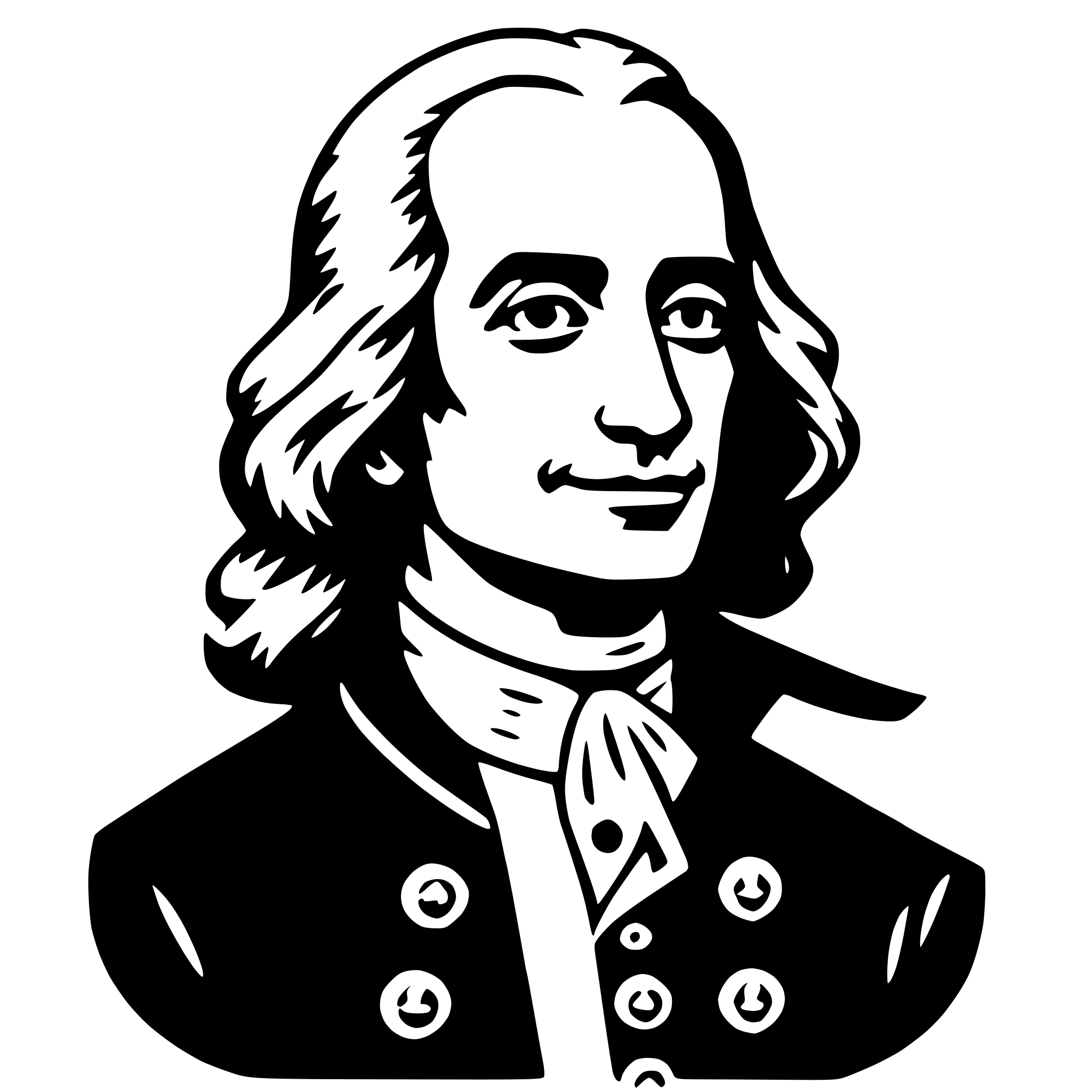 The SVG is a black and white vector illustration of a man's profile. The man is depicted with a serious expression, wearing a coat with buttons and a cravat. His hair is styled in a manner consistent with historical fashion, and he has a well-groomed beard and mustache. The illustration is stylized with clean lines and lacks any additional context or background details. 
