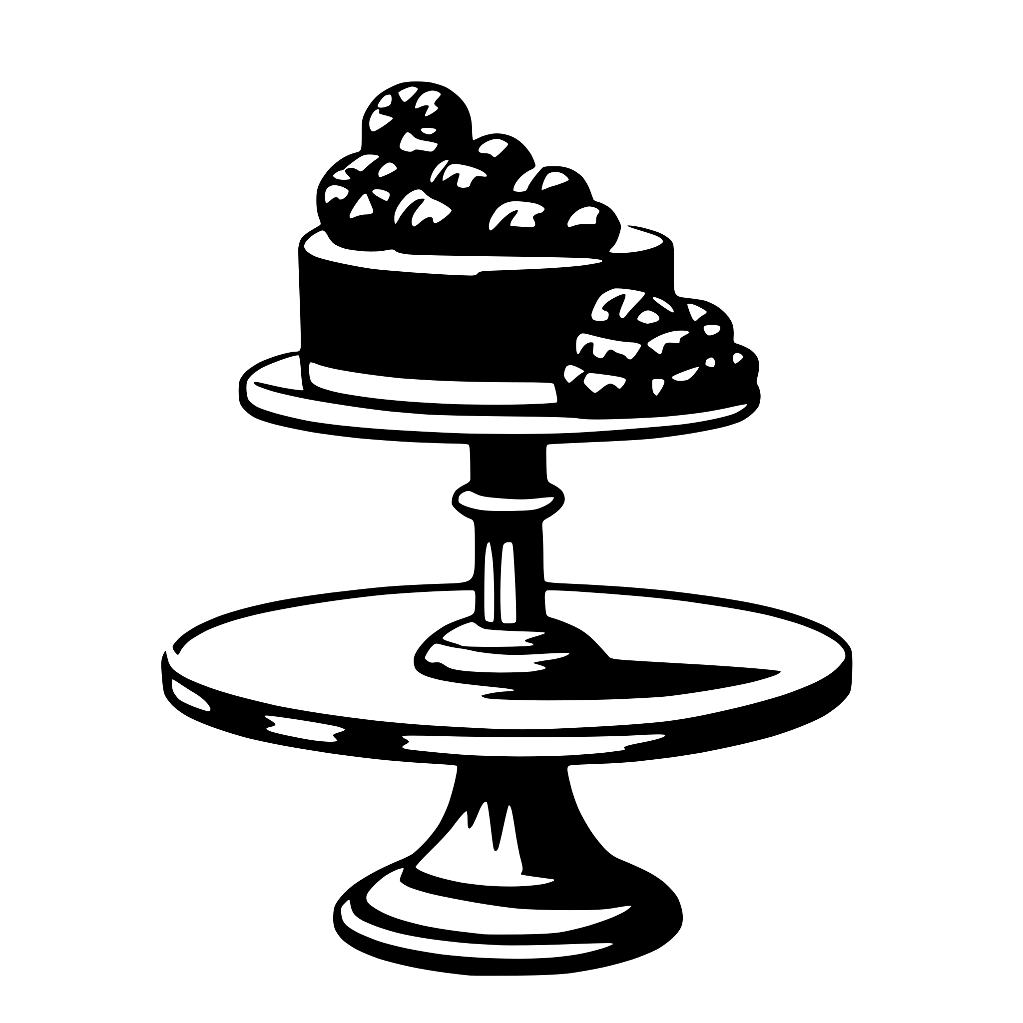 The SVG depicts a simple, stylized illustration of a three-tiered cake stand. The cake stand has three tiers, each with a cake on top. The cakes appear to be round with a textured surface, possibly indicating a chocolate or frosted texture. The stand itself has a cylindrical base that narrows slightly as it rises, supporting the cake tiers. The tiers are connected by vertical supports, and the topmost tier has a small, decorative element at the center. The illustration is minimalistic, with no additional details or background elements. The style is reminiscent of a line drawing with shading to suggest depth and texture. 