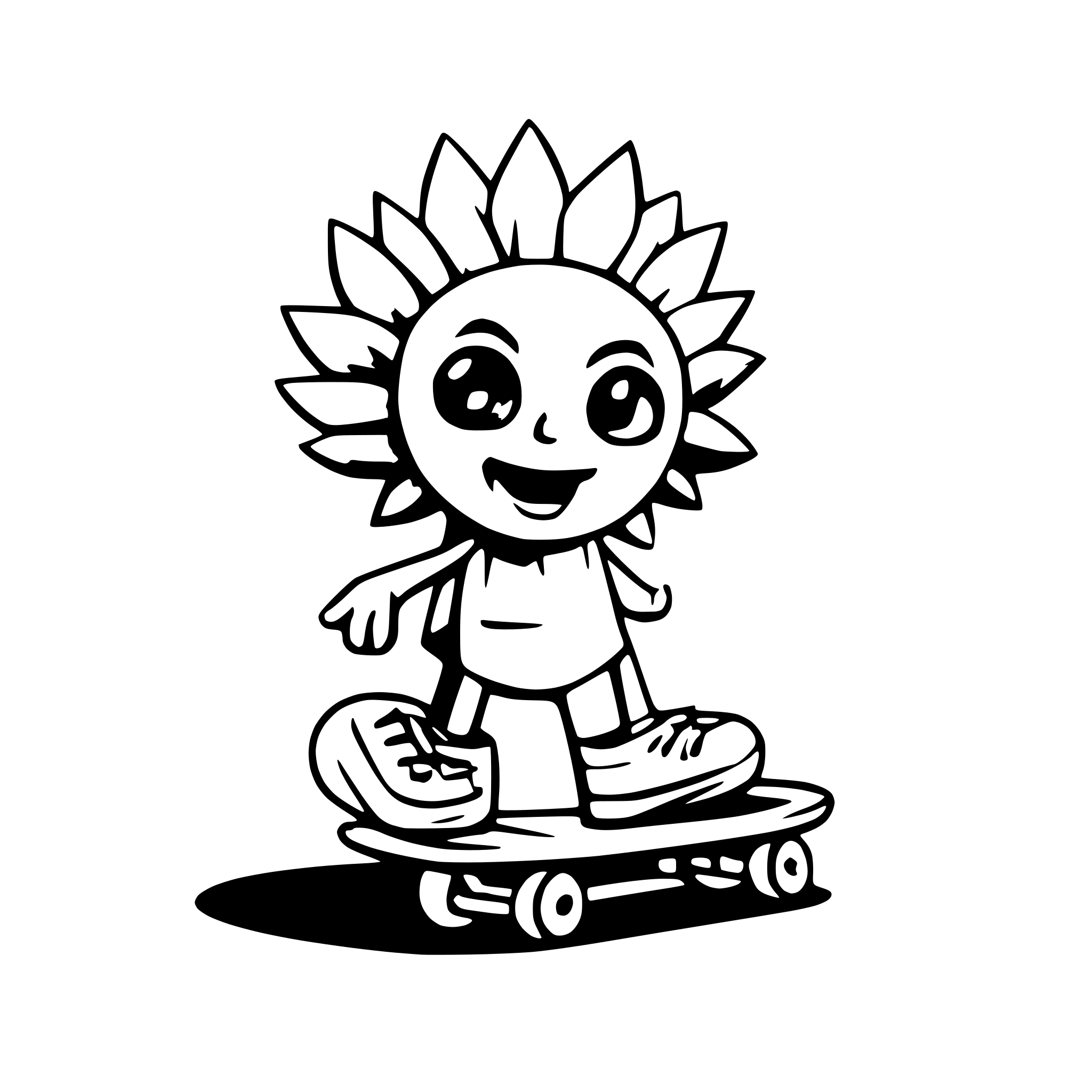 AI-generated SVG of a a sunflower character with his converse sneakers riding a skate board