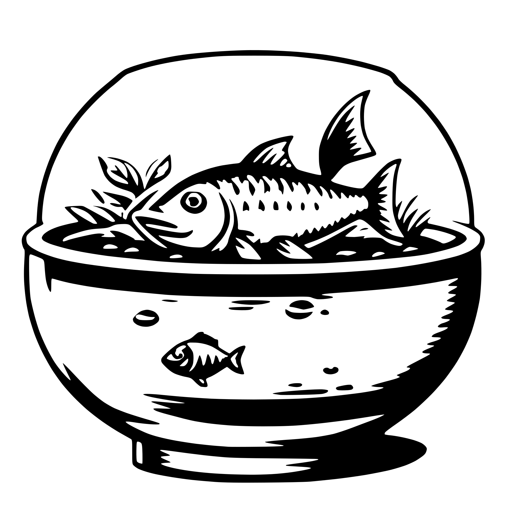 The SVG depicts a stylized illustration of a fishbowl with a fish and a smaller fish inside. The fishbowl has a rounded shape with a flared opening at the top, and it appears to be placed on a surface with a shadow cast beneath it. The fish inside the bowl is larger and has a prominent eye, fins, and tail, while the smaller fish is positioned below the larger one, suggesting a sense of depth within the bowl. The fish are depicted with simple lines and shading, giving the SVG a clean and minimalist aesthetic. 