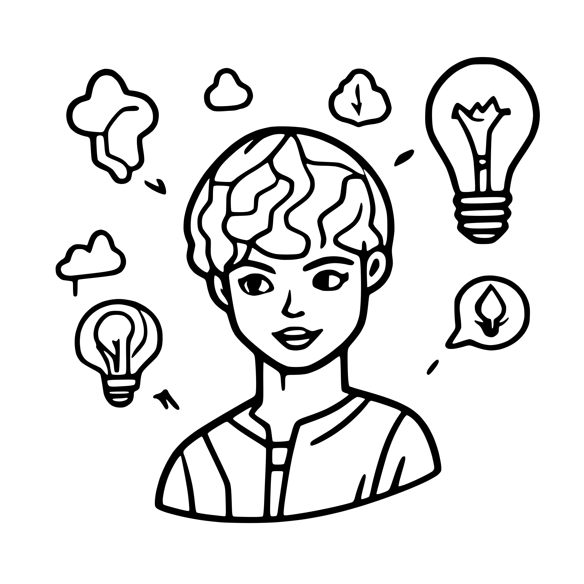AI-generated SVG of a doodle that includes sketches of thought bubbles containing icons like lightbulbs, charts, or graphs to represent brainstorming and planning.