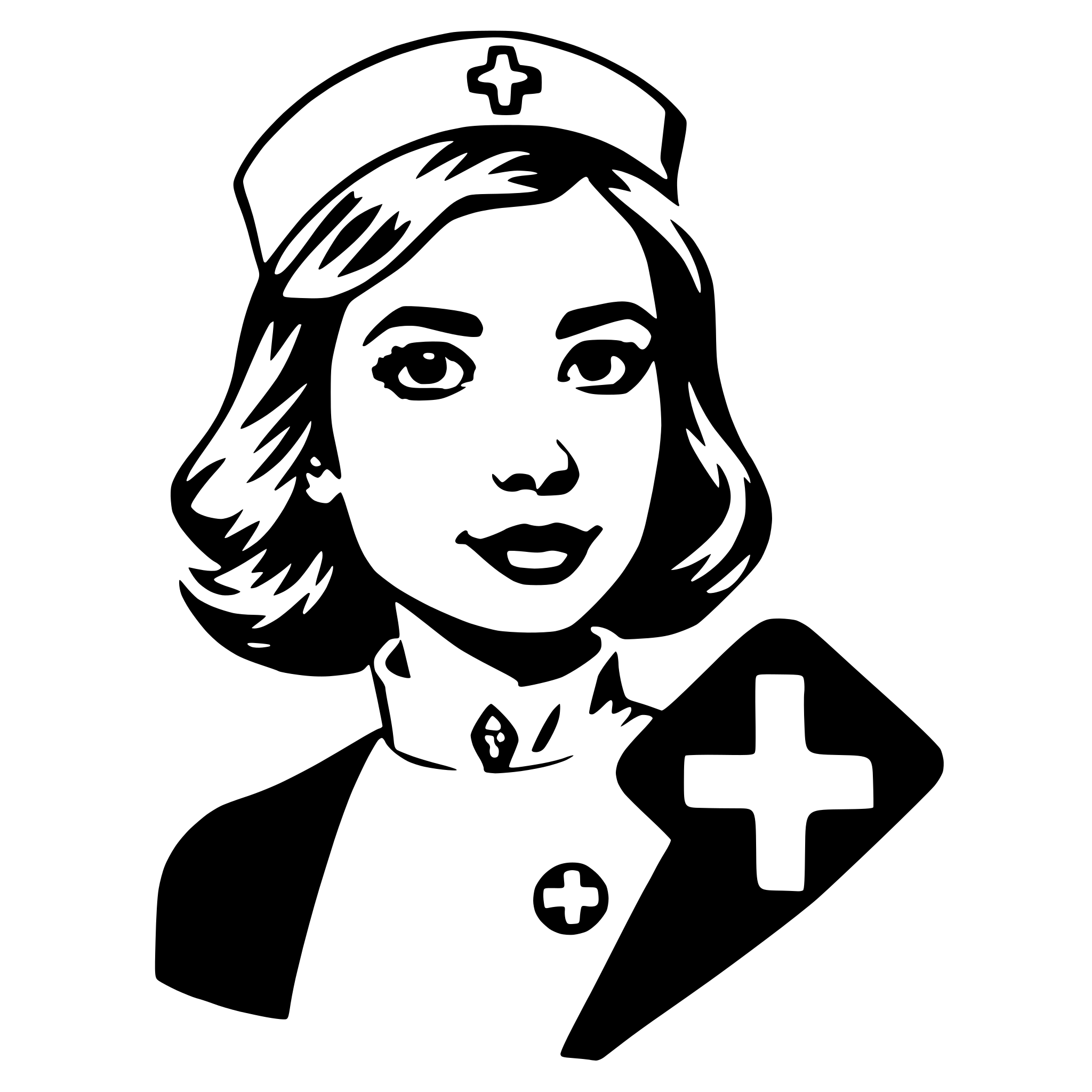 The SVG features a stylized illustration of a nurse. The nurse is depicted with a white cap, which is a traditional symbol of nursing. She has short hair and is wearing a white uniform with a black collar, which is consistent with the attire of nurses in many countries. On her left side, there is a red cross symbol, which is universally recognized as a sign of medical aid. The nurse is looking directly at the viewer, and her expression is neutral. The overall style of the SVG is simple and graphic, with bold lines and flat colors. 