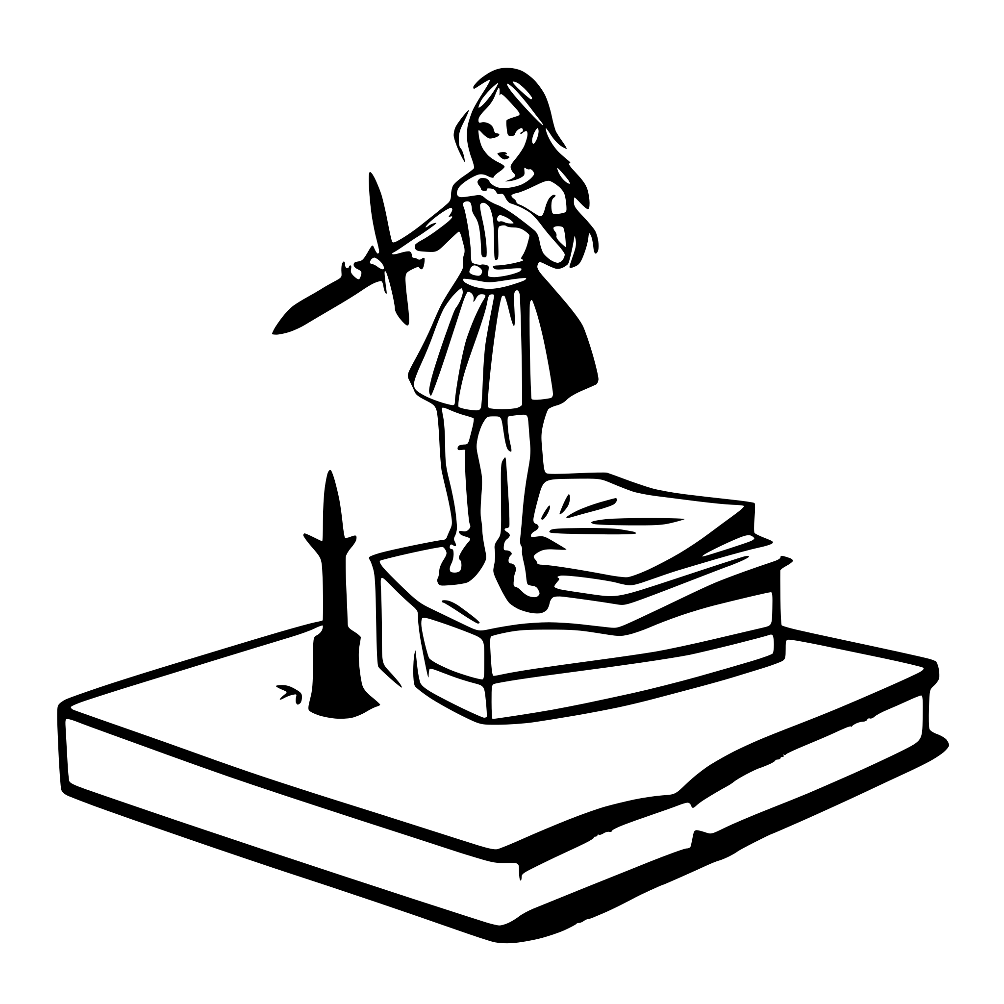 AI-generated SVG of a a heroine holding a sword standing on top of a huge opened book, light like a sun over book