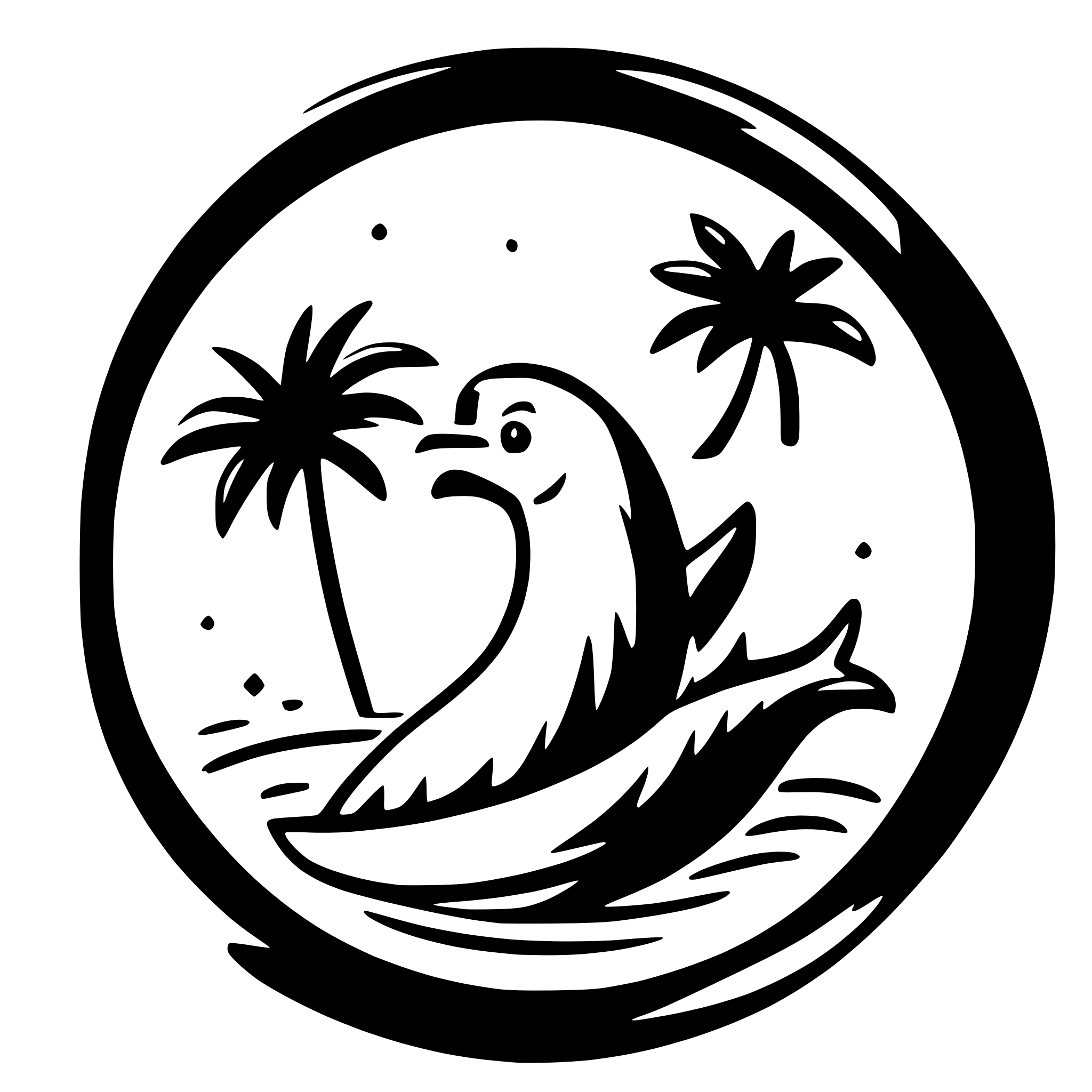 AI-generated SVG of a a hawaiian theme logo, a simple two color black and white logo, with a chicken  on an island waves and a palm tree and a whale tail in the background