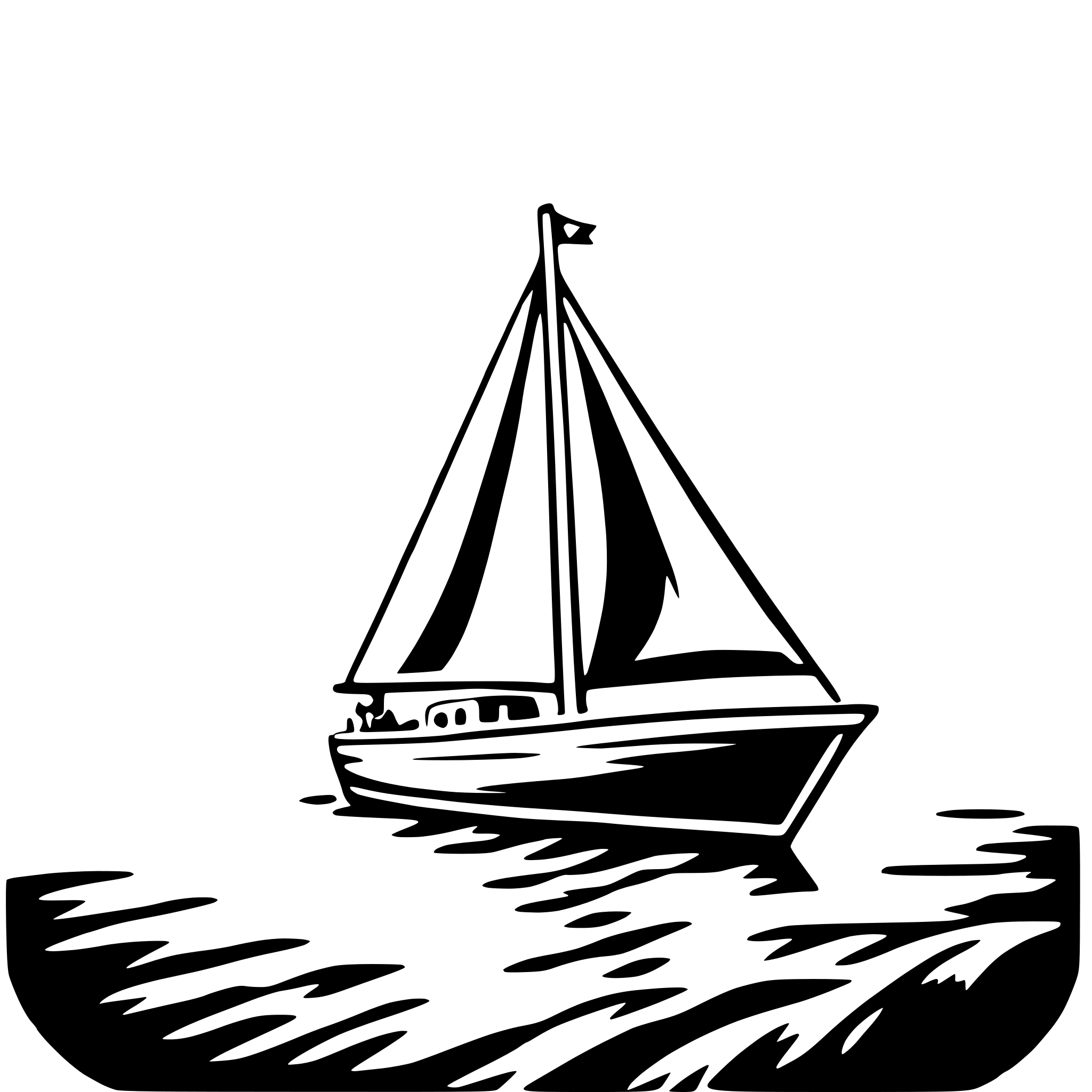 The SVG depicts a simple black and white line drawing of a sailboat on a body of water. The boat is shown with its sails down, and it appears to be floating on calm water. The boat is the central object in the SVG, and there is no interaction between the boat and the water, as the boat is stationary and the water is depicted as still. The SVG does not contain any text or additional objects. The style of the SVG is minimalistic and uses negative space to define the shape of the boat and the water. 
