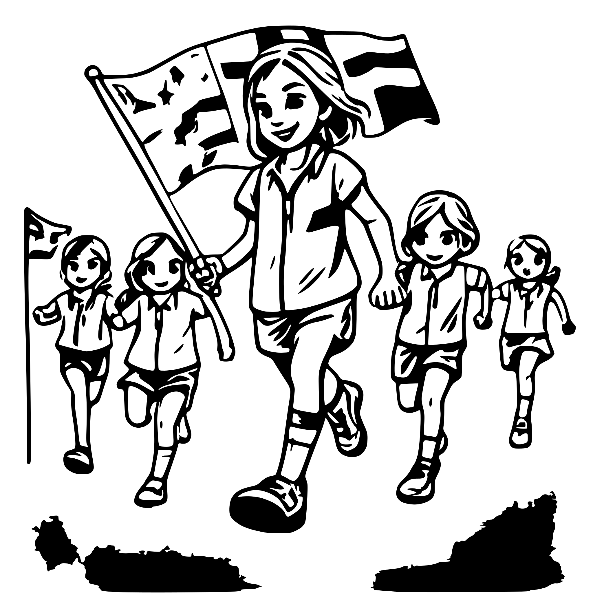 AI-generated SVG of a scout children running around the flag