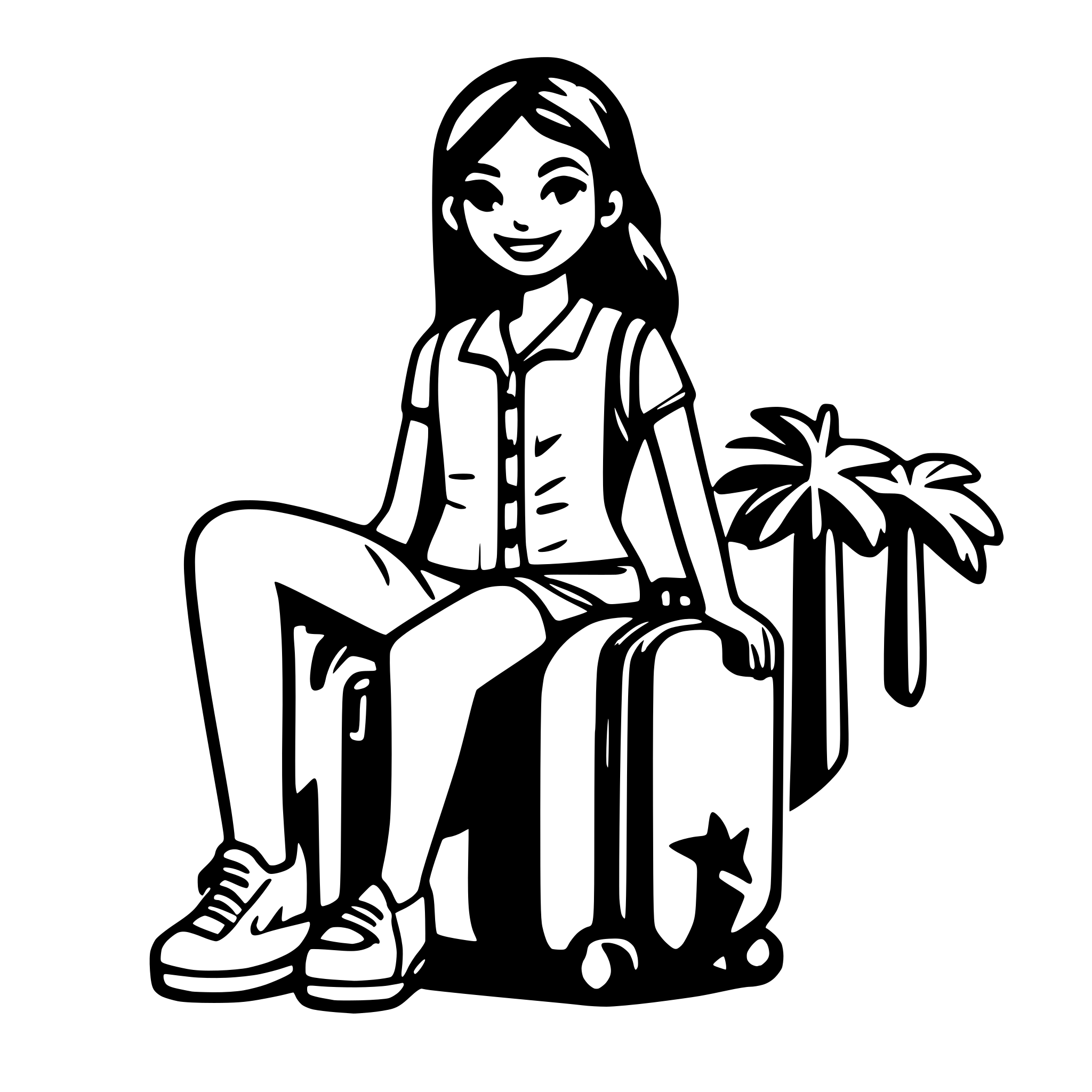 AI-generated SVG of a Flat vector illustration of a young woman sitting on stacked travel suitcases, smiling and pointing forward. She wears an orange top and blue jeans. A palm tree and airplane icon float in the background, with soft circular shapes and travel-themed icons around. The background is white with soft shadows. Modern, friendly, minimal style. No text. Use vibrant yet soft colors. Ideal for a travel website hero section