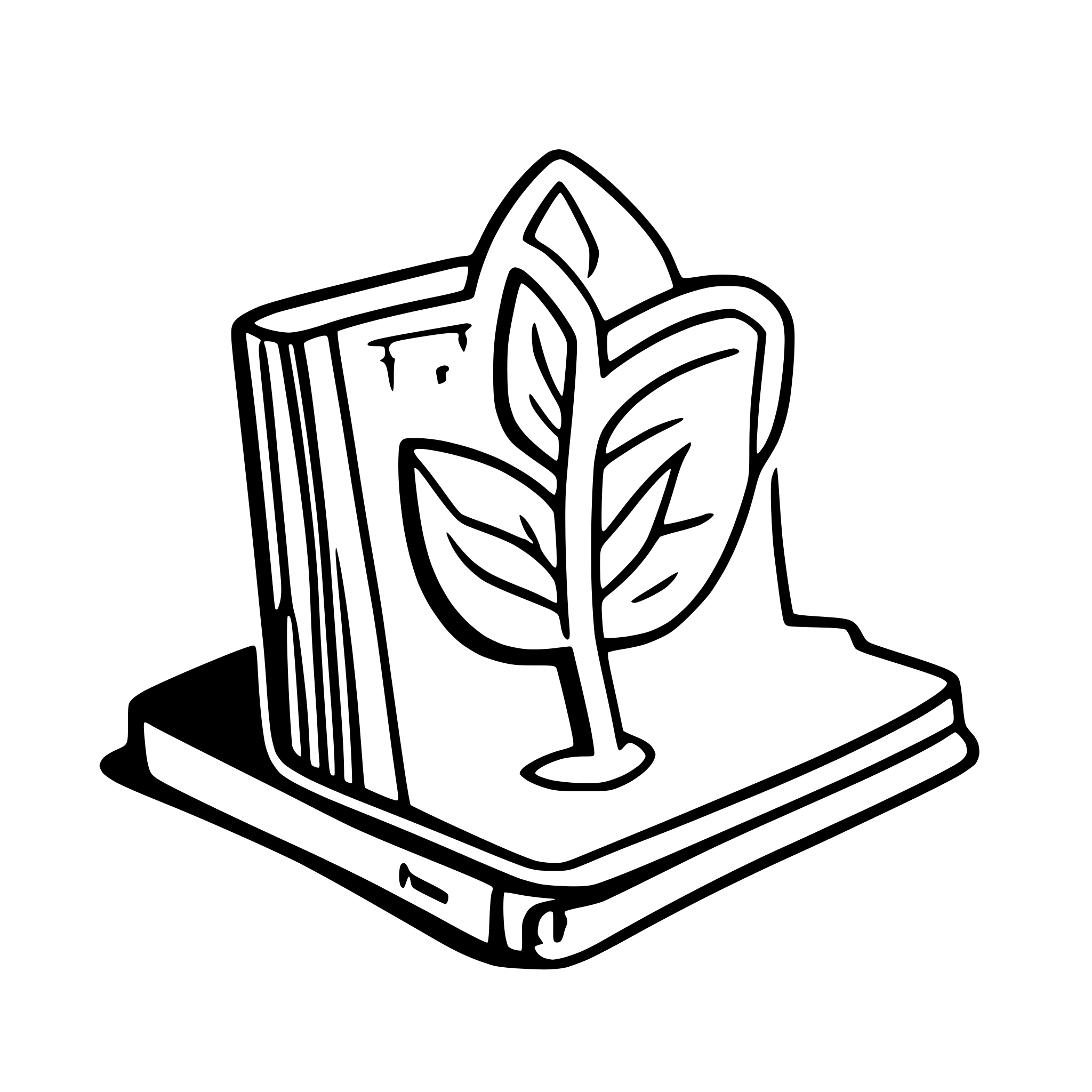 AI-generated SVG of a Cartoon style: A green plant in the shape of a book grows from the top of a pink shield. Blue data starlight flickers between the pages, set against a white-stroked background.