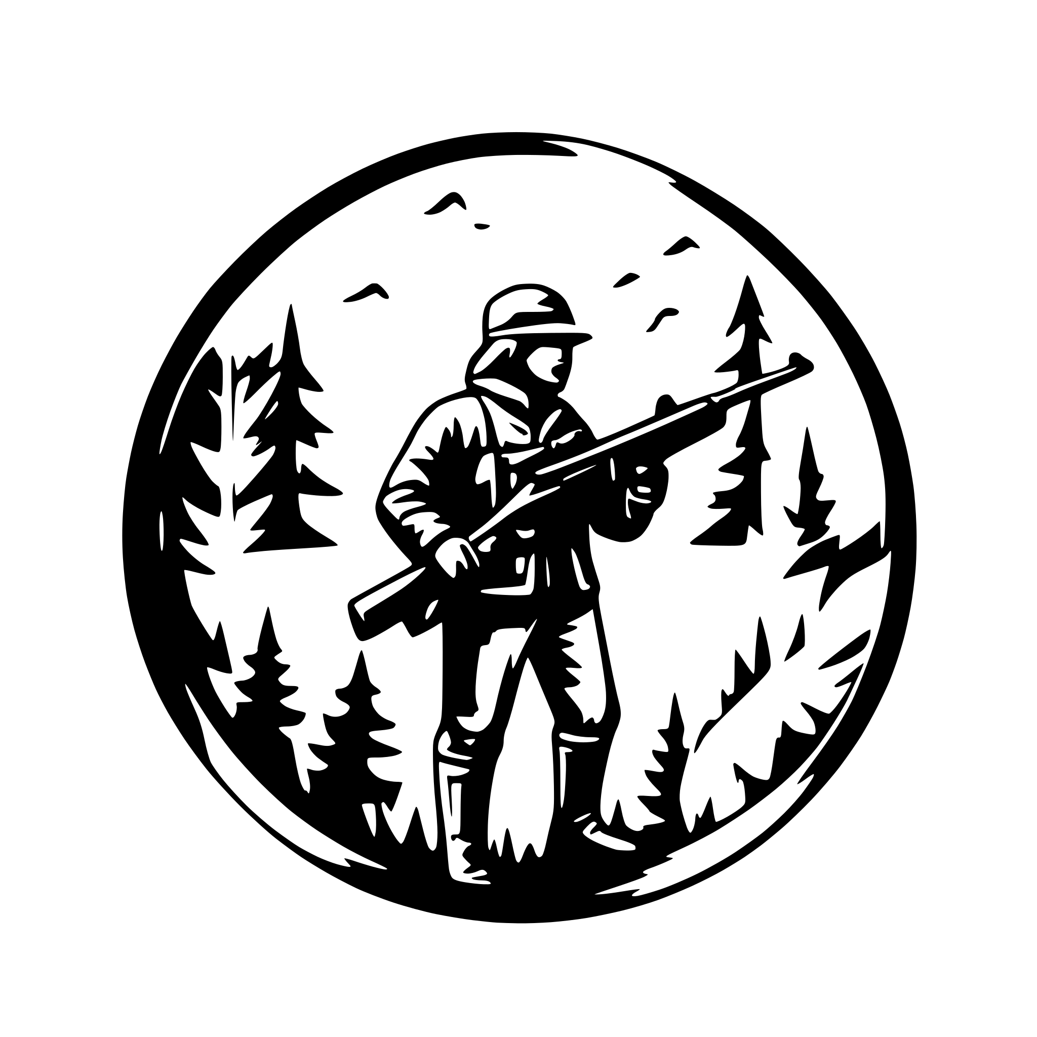 AI-generated SVG of a circular image that contains forest in the background and a hunter with rifle in the foreground