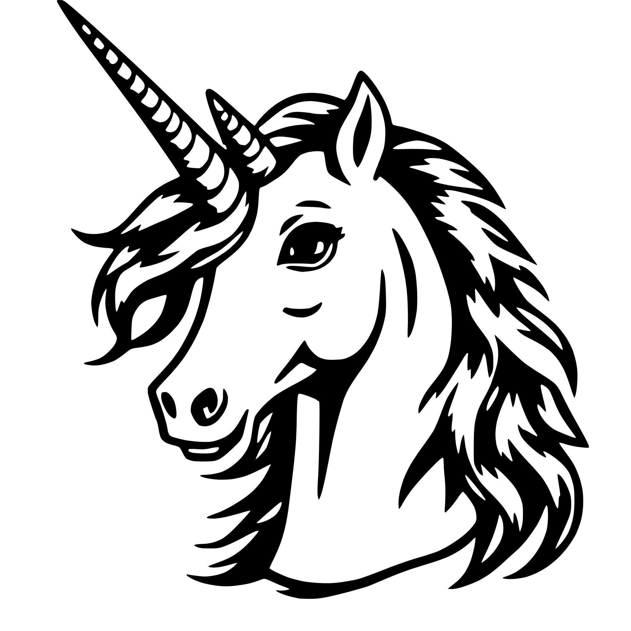 AI-generated SVG of a unicorn with flowing hair and wings smiling