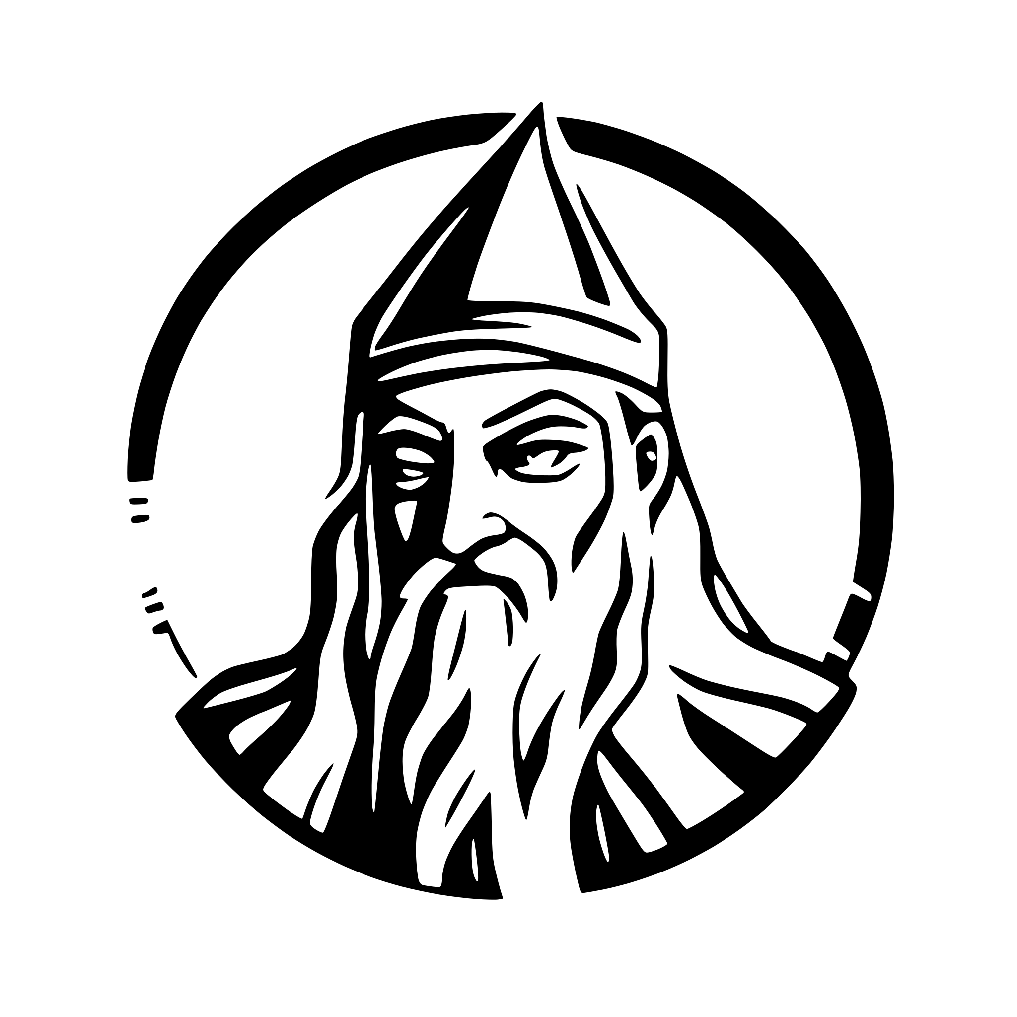AI-generated SVG of 'An extravagant and elaborate wizard logo with a splash background featuring a wizard with a long beard and shining black eyes, dark veins protruding on his face near his eyes'