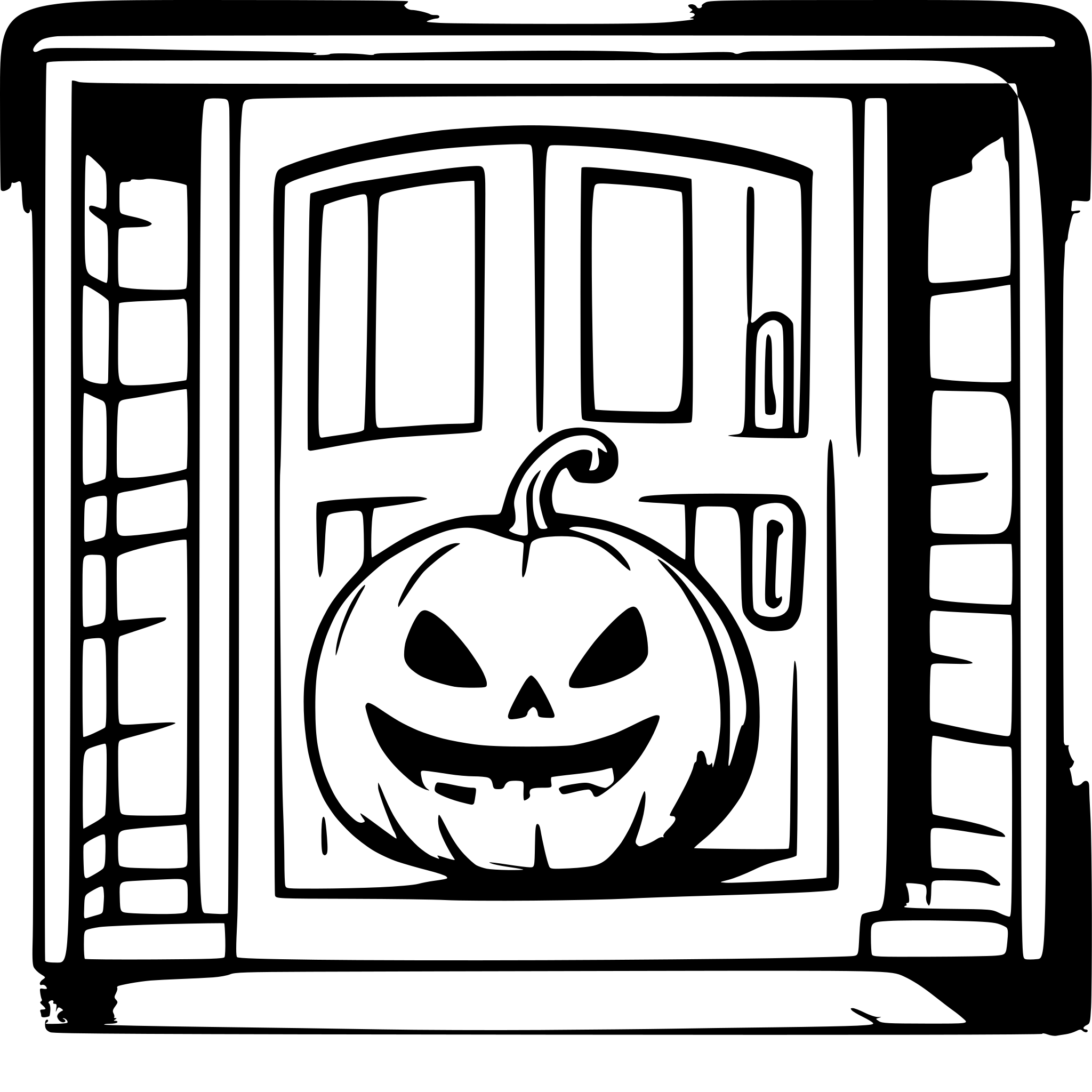 AI-generated SVG of a Carved Halloween pumpkin with a spooky face on two legs, standing at a door, ringing the bell and asking for sweets on Halloween night.