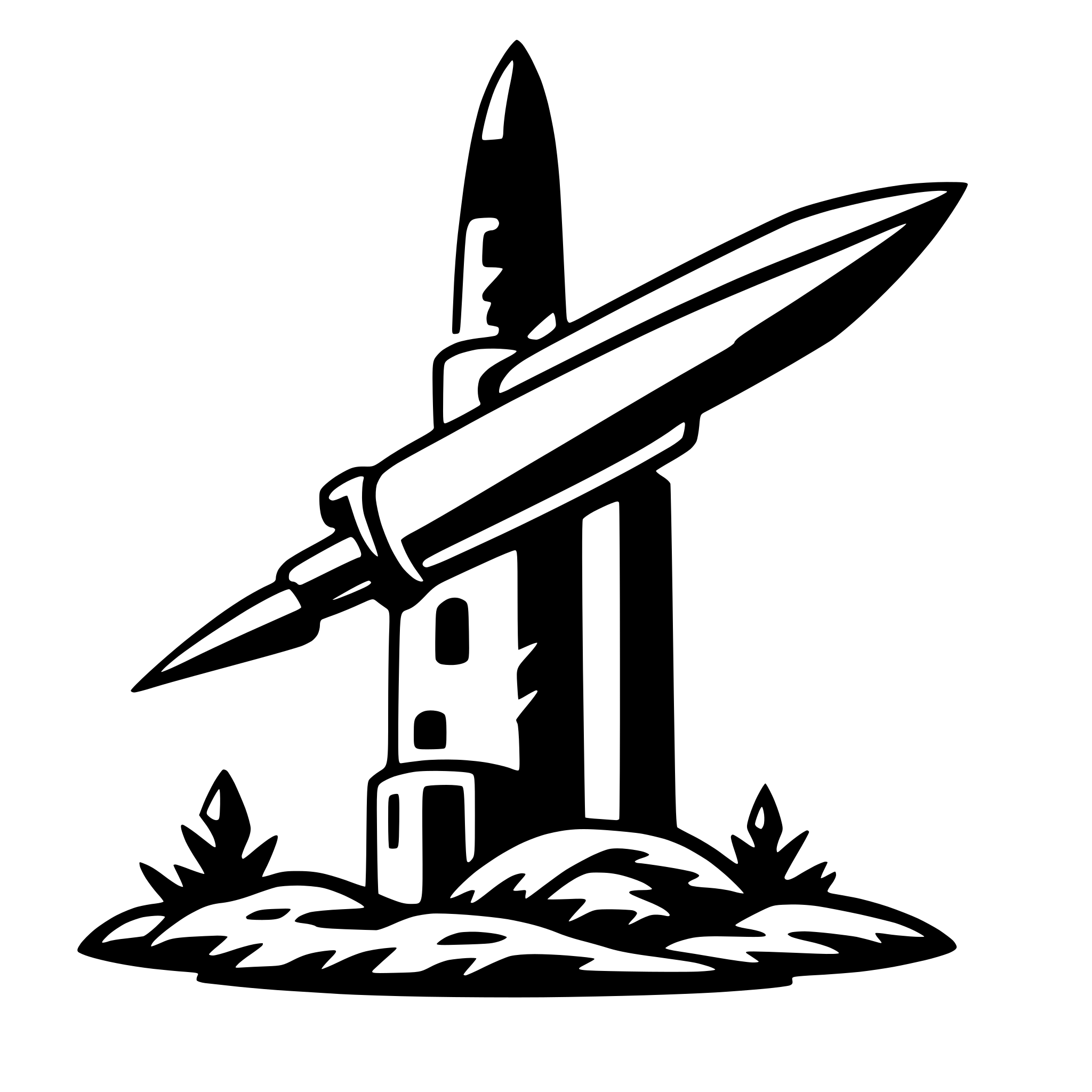 The SVG features a stylized rocket with a pointed nose and fins at the base, positioned vertically. The rocket is depicted in a simplified, graphic style with solid black lines against a white background. Below the rocket, there is a small, simplified depiction of a landscape with a building and some greenery. The rocket appears to be either taking off from or landing on this landscape. The overall style is reminiscent of a logo or emblem, with a clear and bold design. 