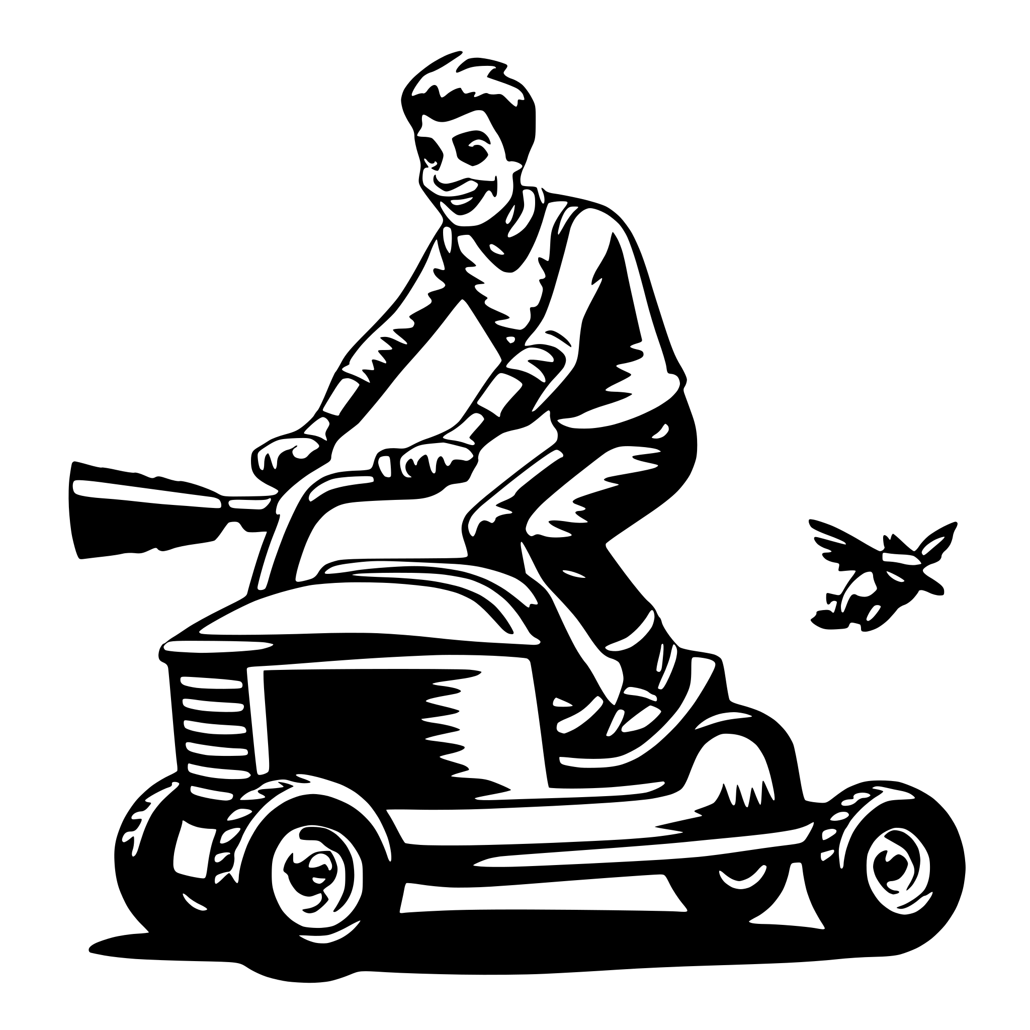 AI-generated SVG of 'funny flying man lawn mower'