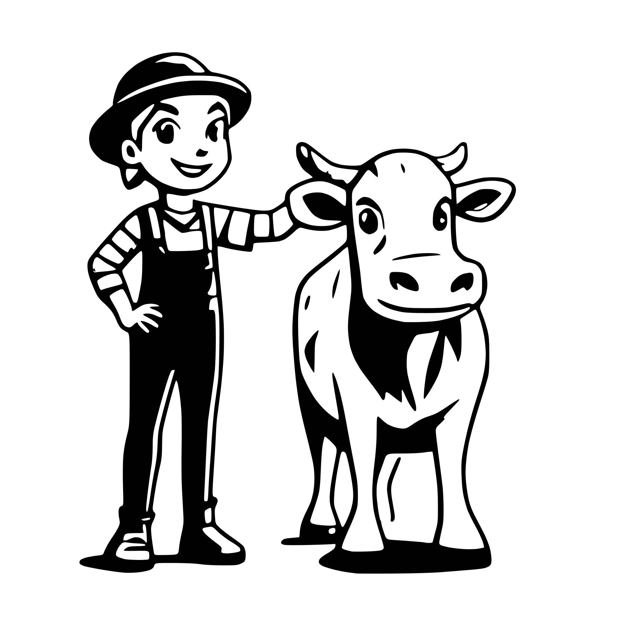 AI-generated SVG of a A Farmer holding a childs hand standing next to a cow