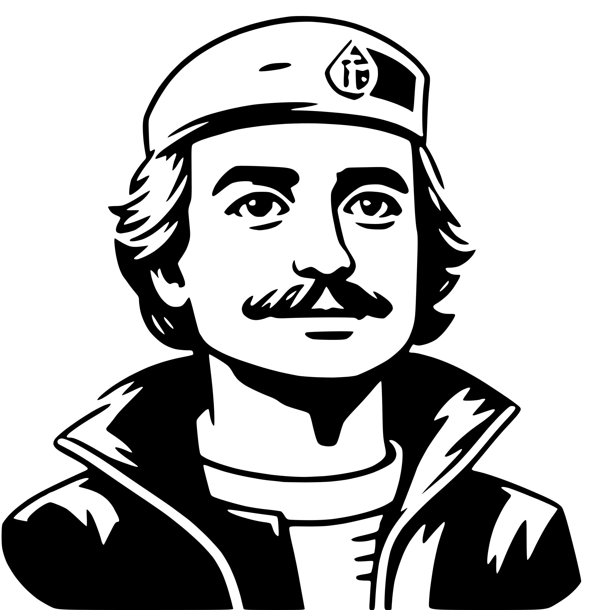 The SVG is a black and white vector illustration of a man's face and upper torso. The man is depicted with a mustache and a cap, which has a logo on the front. He is wearing a jacket with a collar, and the style of the illustration is simplistic and cartoonish. The SVG does not contain any text or additional objects, and the main focus is on the man's face and the cap he is wearing. The interaction between the objects is straightforward, with the cap being worn by the man, and the jacket providing a background for the cap and the man's face. 