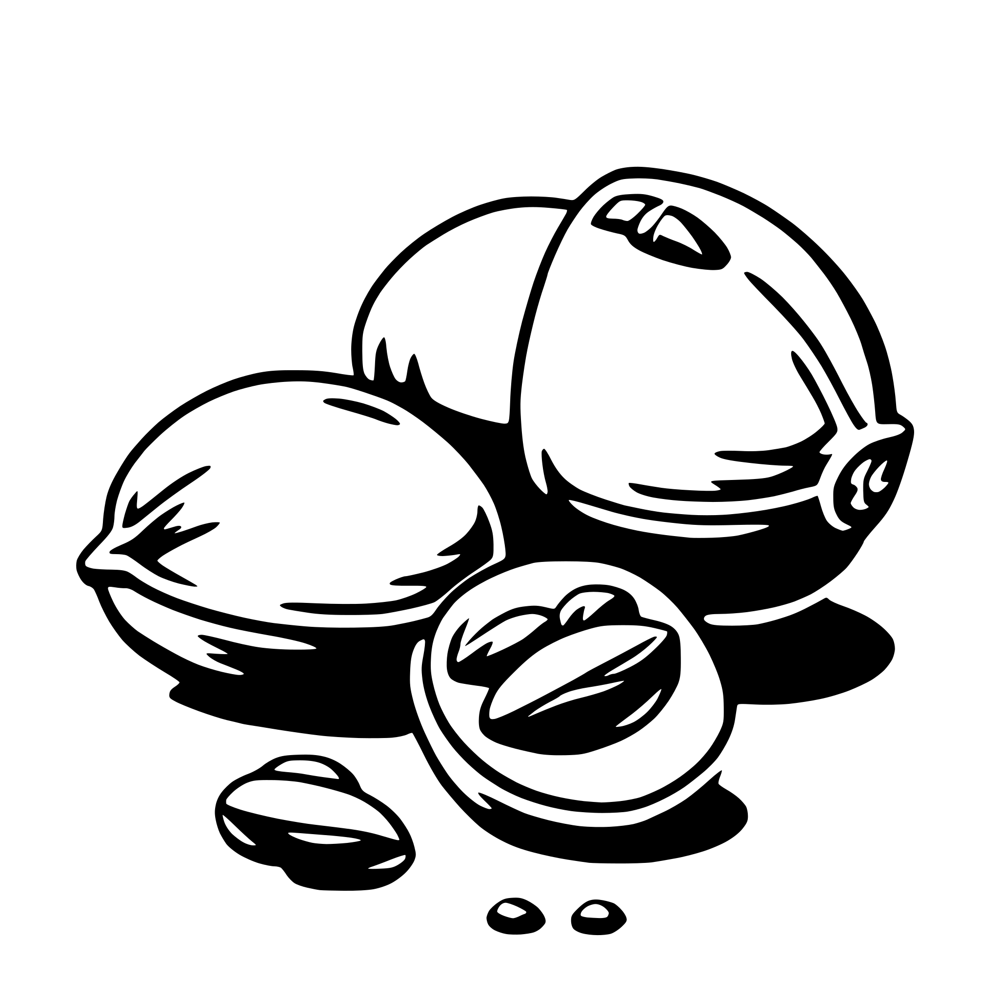 The SVG depicts a collection of fruits and vegetables, which appear to be drawn in a simple, cartoon-like style. There are three whole fruits or vegetables, which could be interpreted as either bananas or plantains, given their elongated shape and curved ends. Between these, there is a cut fruit or vegetable, which has been sliced open to reveal its interior. The cut fruit or vegetable is placed in such a way that it seems to be resting on the other fruits or vegetables. There are also two small, round objects that could be interpreted as seeds or small fruits, placed near the cut fruit or vegetable. The overall arrangement suggests a casual, perhaps artistic, display of these items. 