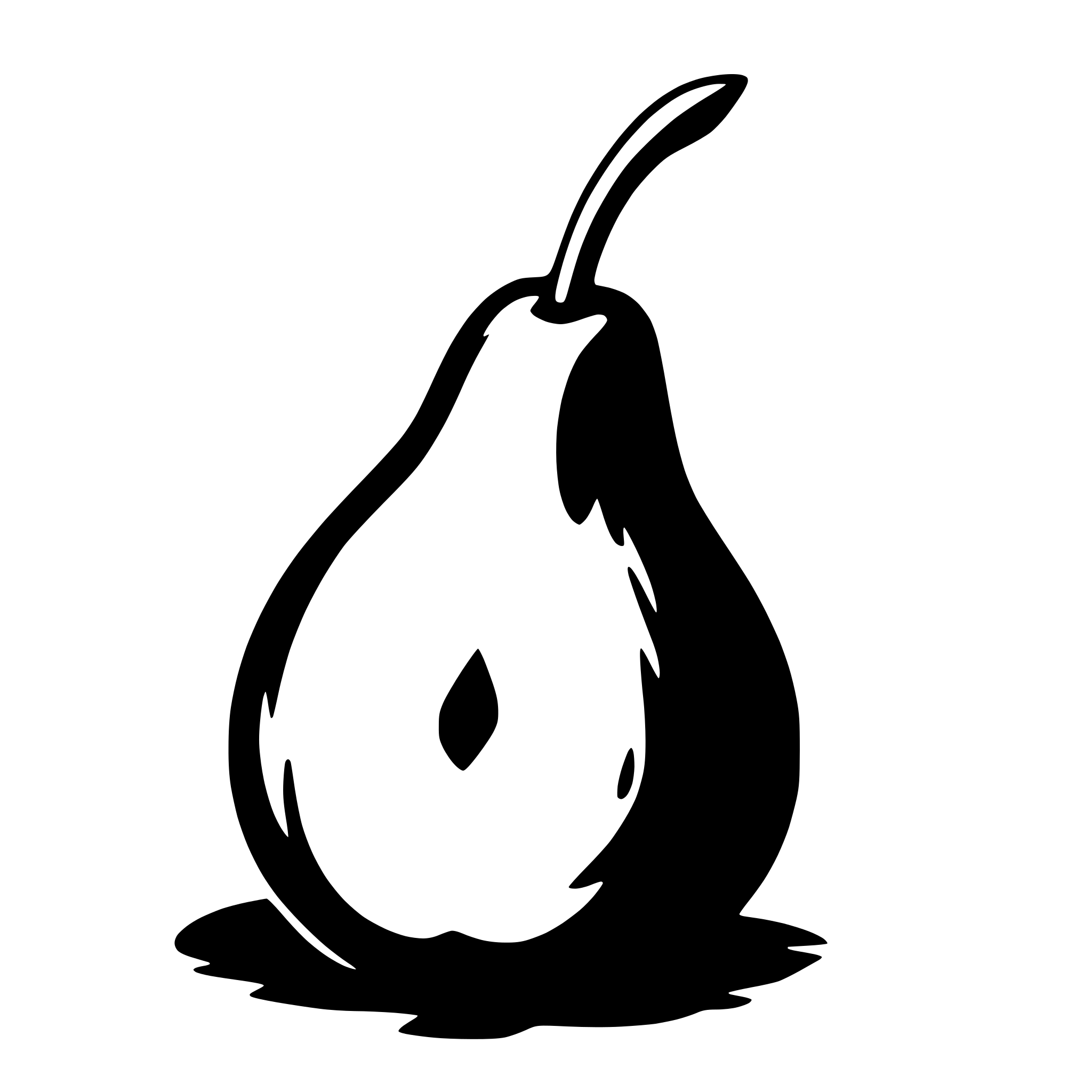 The SVG shows a simple line drawing of a pear. The pear is depicted with a stem at the top and a shadow cast on the surface beneath it, suggesting a light source from above. The pear has a smooth, rounded shape with a small indentation at the bottom, indicating the stem attachment point. The drawing is minimalistic, with no additional details or textures. 