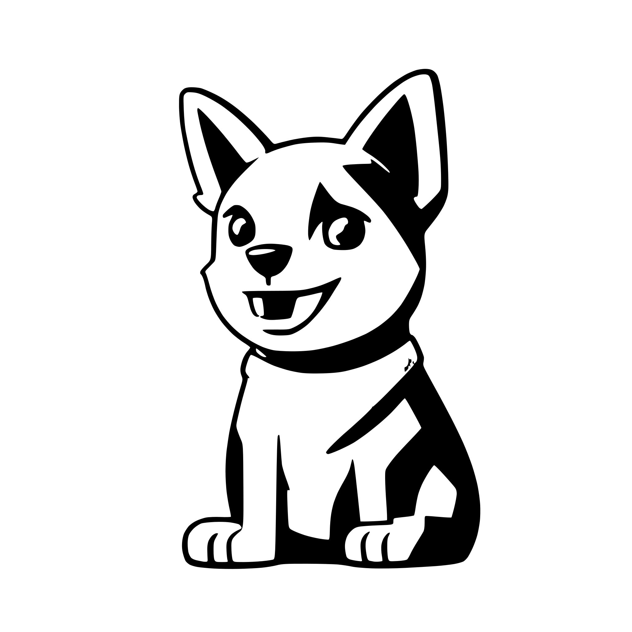 AI-generated SVG of a Cartoon black and white terrier with orange collar on blue wavy background, vector art style, geometric shapes, flat design