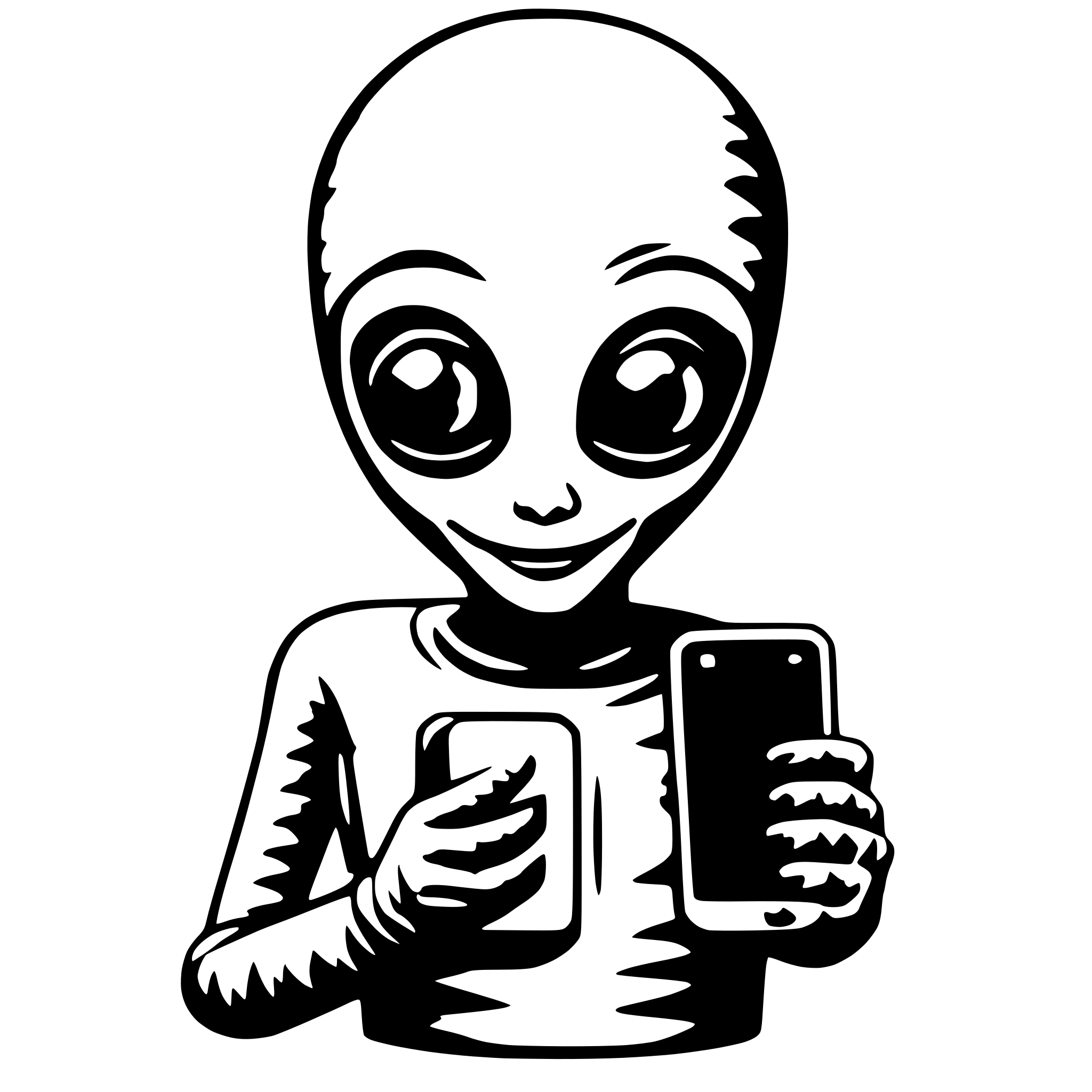 AI-generated SVG of a friendly alien with smartphone