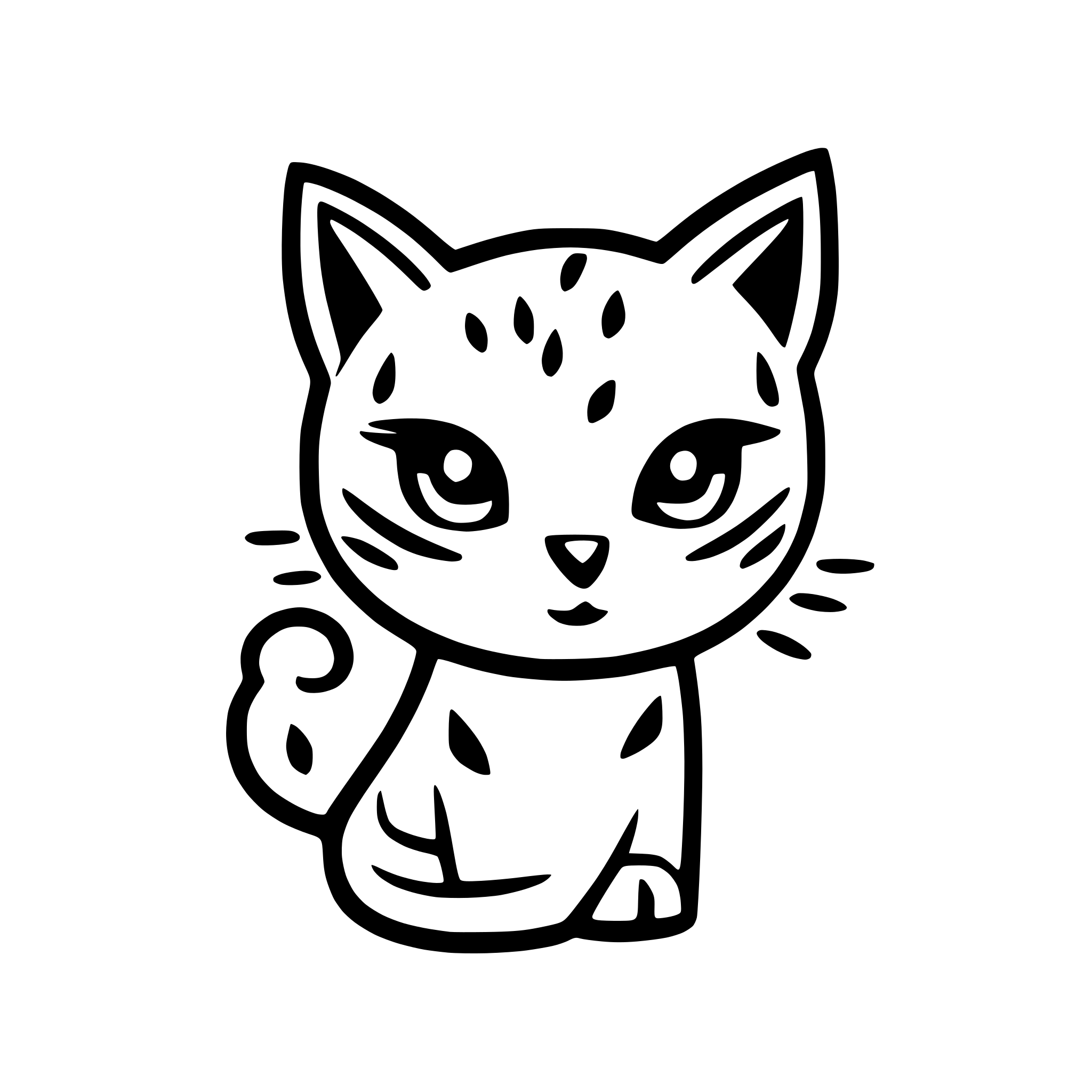 AI-generated SVG of 'very cute leopard cat, with menacing pose, big dark black eyes, with Two significant long vertical lines on forehead, very very extremely simplified, snoopy like drawing, looking straight ahead'