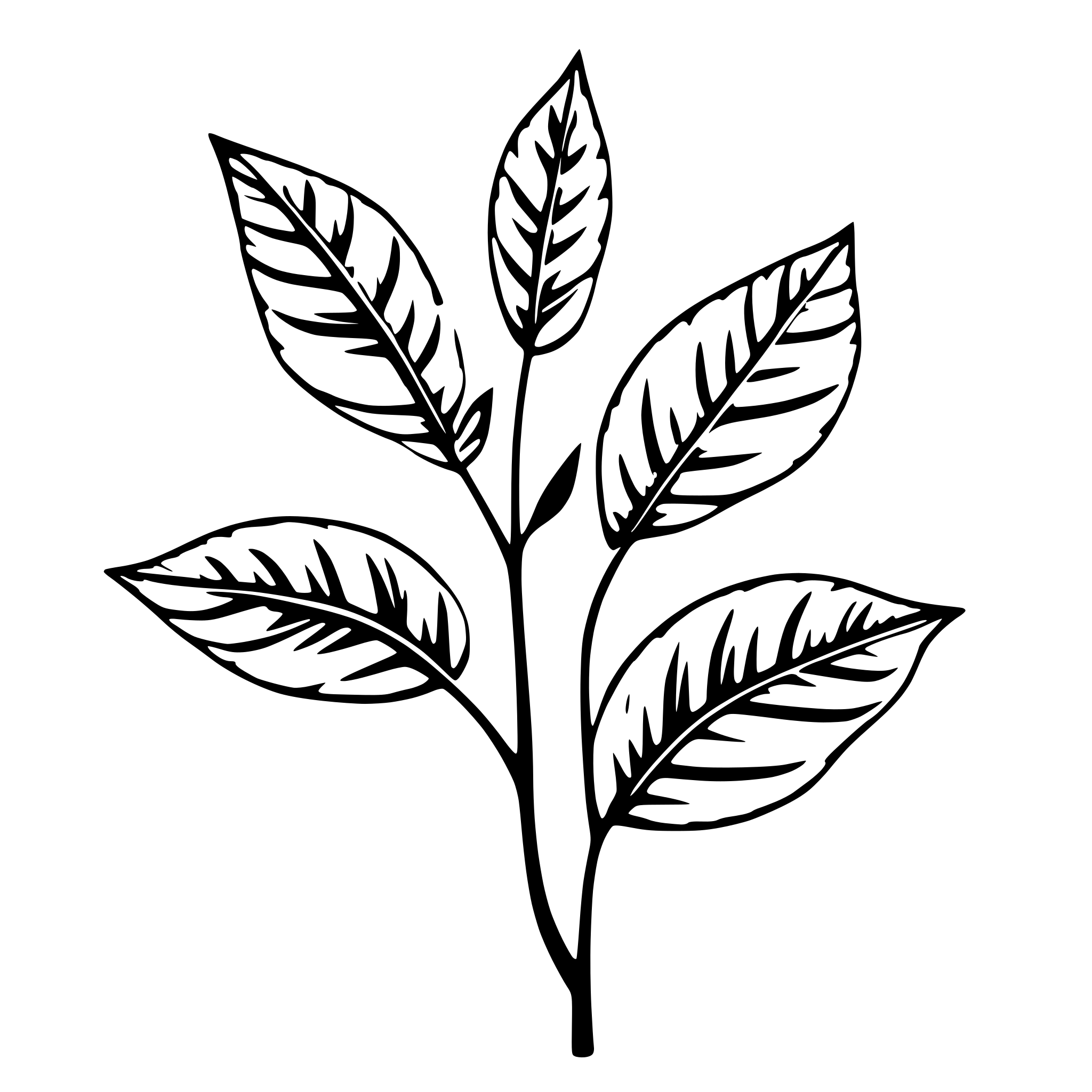 AI-generated SVG of 'one branch of blue leaf, with at least 30 leaf. white backgrround'