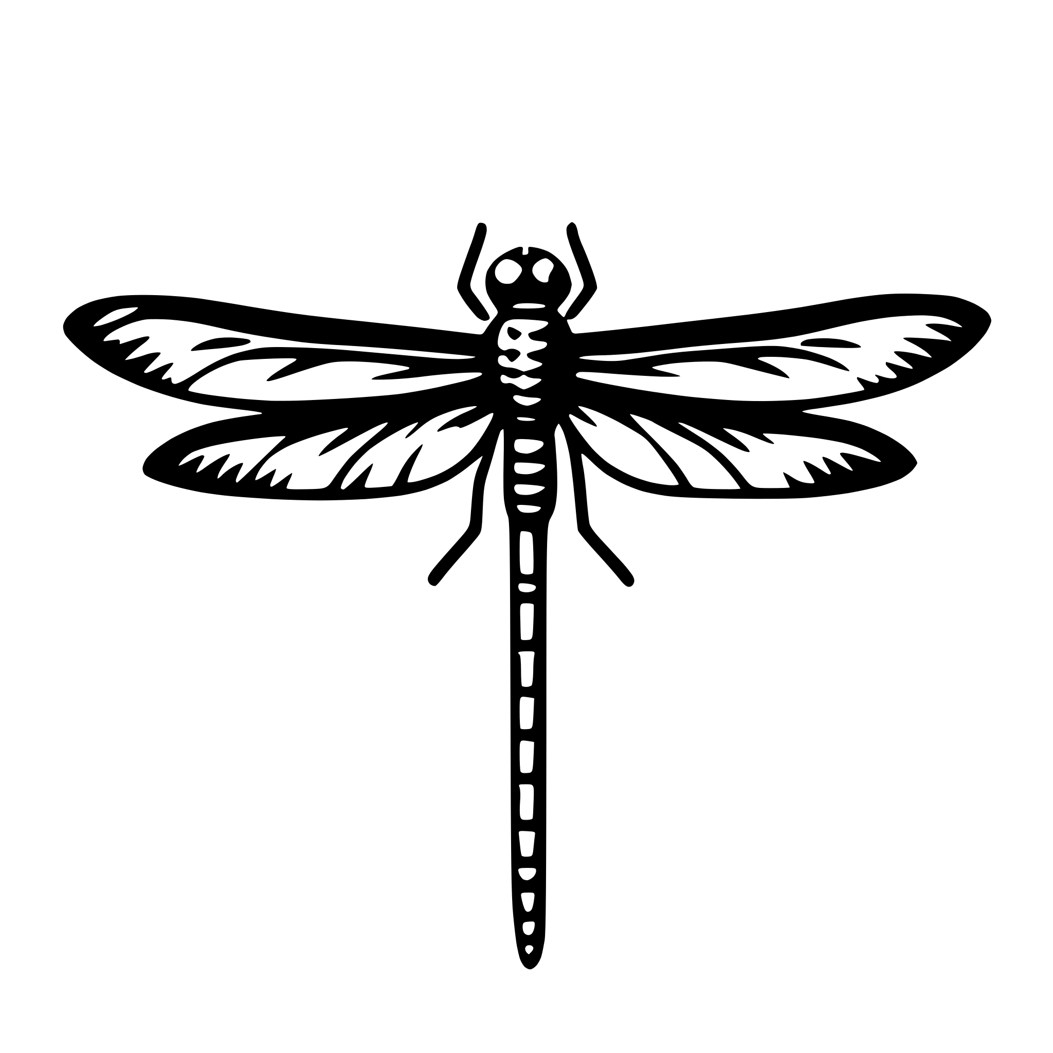 The SVG shows a stylized black and white illustration of a dragonfly. The dragonfly is depicted with its wings spread out, and its body is elongated with a series of segments. The antennae are extended forward, and the dragonfly has two large eyes on its head. The SVG is simple and does not include any additional elements or background details. The dragonfly is the central focus of the SVG, and there is no interaction between objects as it is a single entity. 