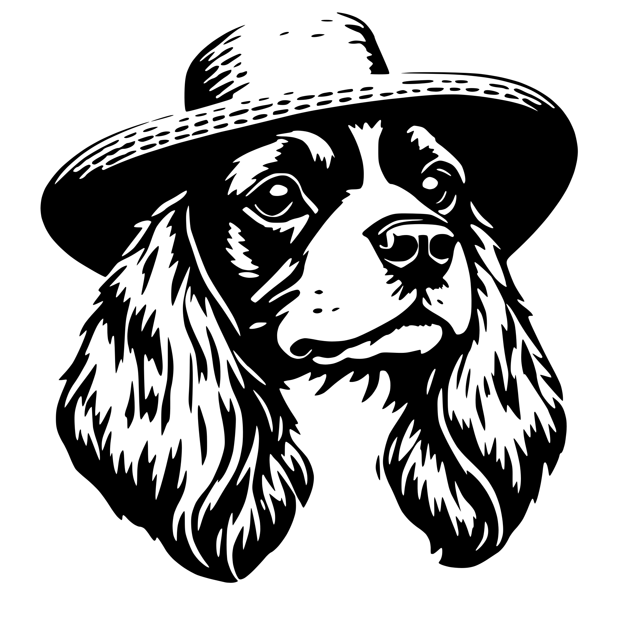 AI-generated SVG of a only the head of a cavalier King Charles spaniel with a sombrero. very minimalstic. only the outlines