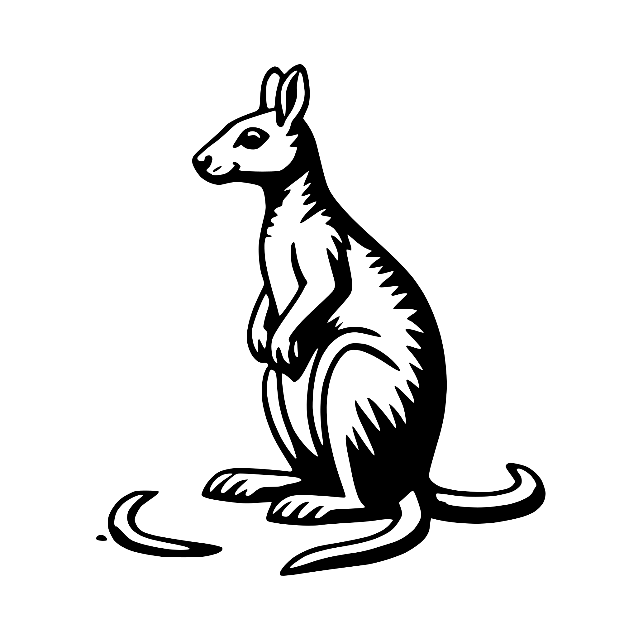 The SVG shows a stylized black and white line drawing of a kangaroo. The kangaroo is depicted in a standing position with its hind legs slightly bent and its front paws resting on its thighs. Its tail is curled around its body. The kangaroo's head is turned to the side, and it has a simple, cartoon-like face with two small ears and a small, triangular nose. The SVG is simple and does not contain any additional objects or interactions. 