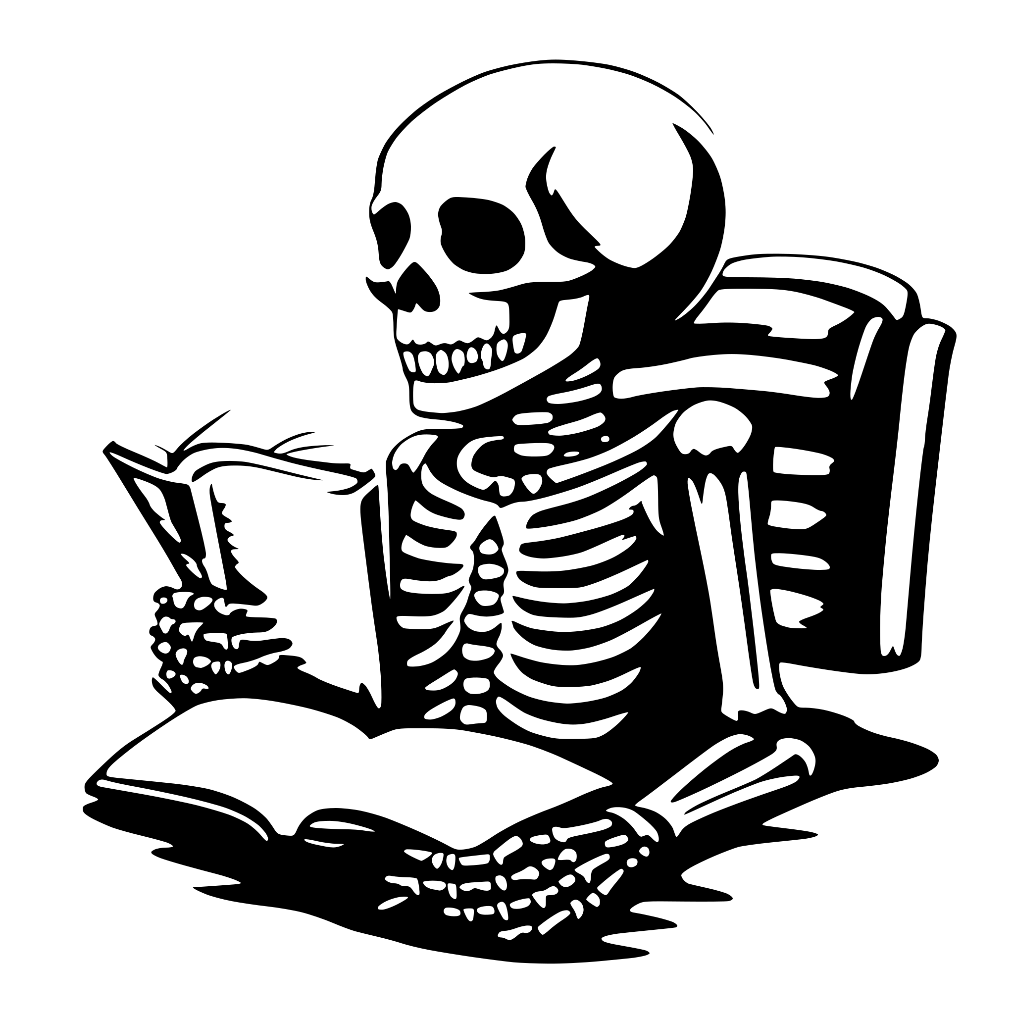 AI-generated SVG of a skeleton reading a book