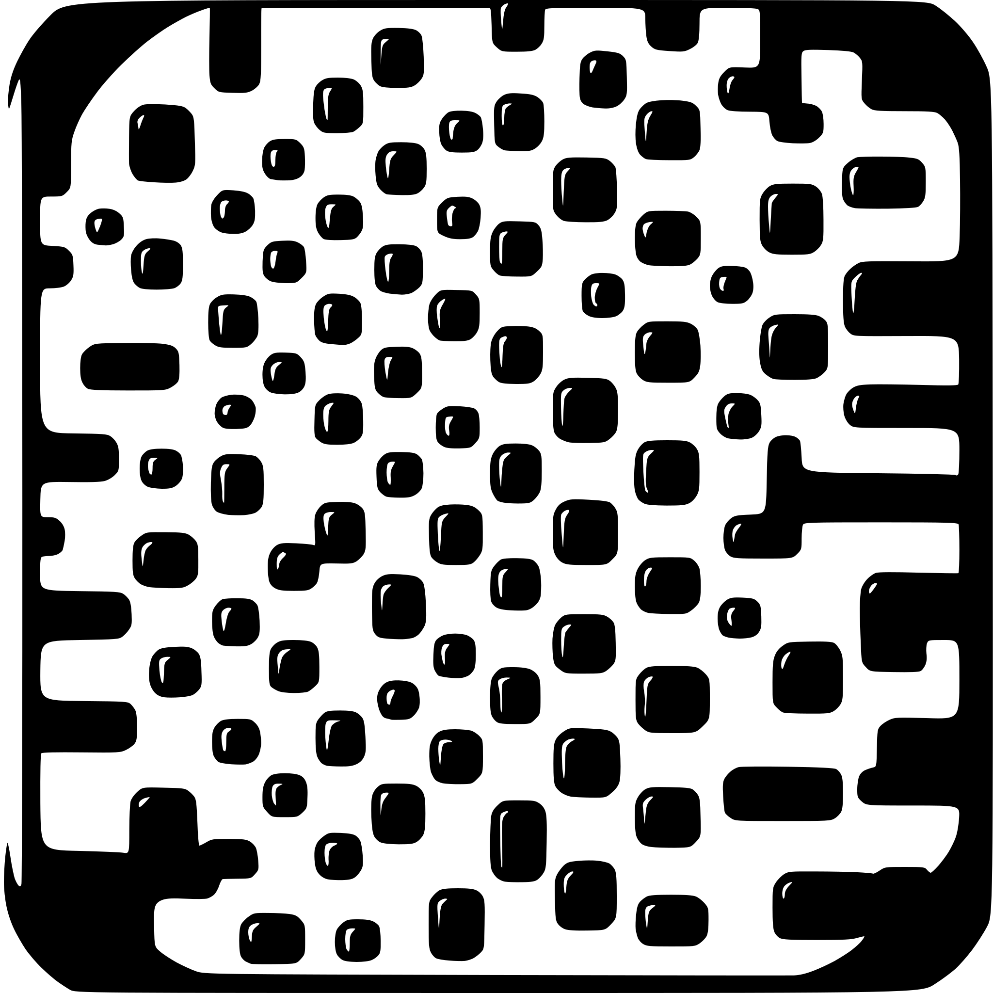 The SVG appears to be a black and white pattern consisting of a series of interconnected shapes. The shapes are irregular and seem to be arranged in a grid-like fashion, with some shapes overlapping others. The pattern has a somewhat organic and fractal-like appearance, with the shapes varying in size and complexity. The overall effect is a visually intricate and abstract design. 