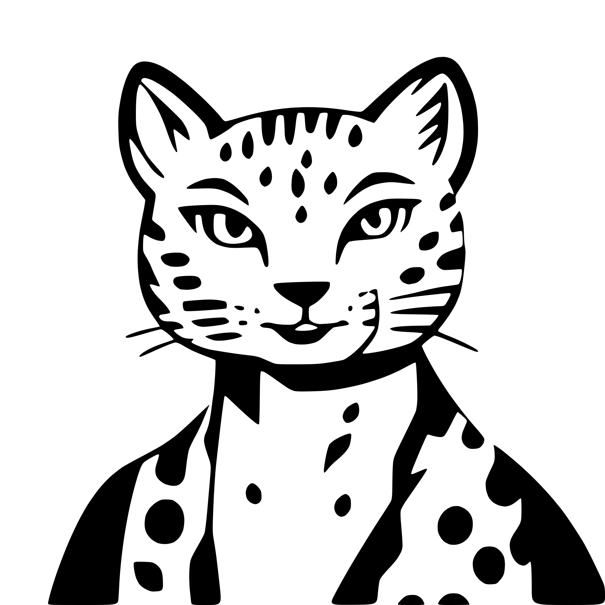 AI-generated SVG of a head of leopard cat, very very extremely simplified, snoopy like drawing, looking straight ahead