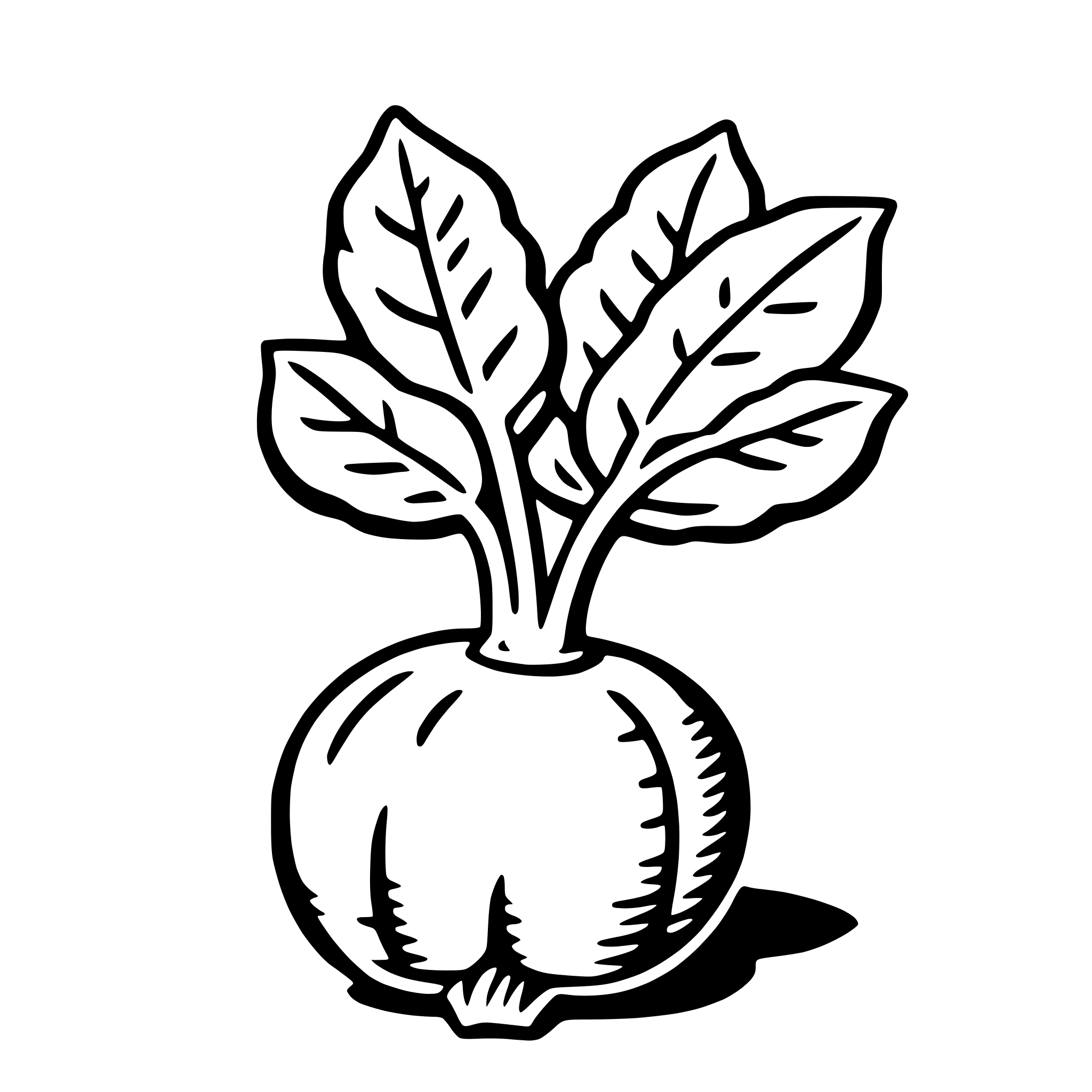 The SVG shows a stylized illustration of a bulb with leaves sprouting from the top. The bulb is depicted with a rounded shape and a pointed tip, suggesting a root end. The leaves are drawn with a simple, outline-only design, featuring a series of elongated ovals that taper to points, giving the impression of a natural, organic growth pattern. The leaves are arranged in a symmetrical pattern around the bulb, with some leaves overlapping each other. The style of the illustration is minimalistic and appears to be a line drawing with no shading or color information. 