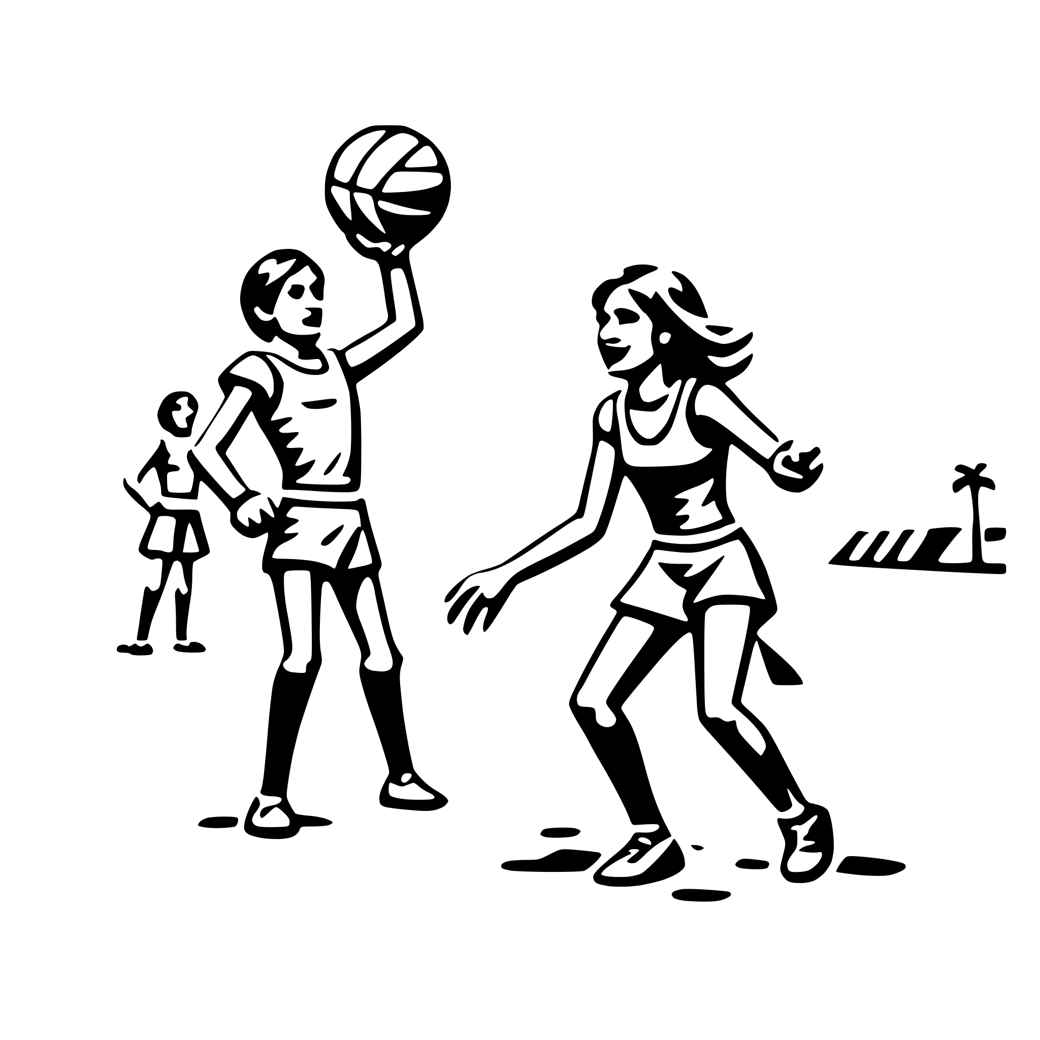 The SVG depicts two stylized figures, one male and one female, engaged in a game of basketball. The male figure is on the left, holding a basketball above his head, ready to throw or shoot it. The female figure is on the right, with her arms outstretched, possibly in an attempt to block the shot or intercept the ball. Both figures are wearing shorts and appear to be in motion, suggesting an active game. The background is minimal, with a simple representation of a court and a palm tree, which adds to the sports theme of the SVG. 